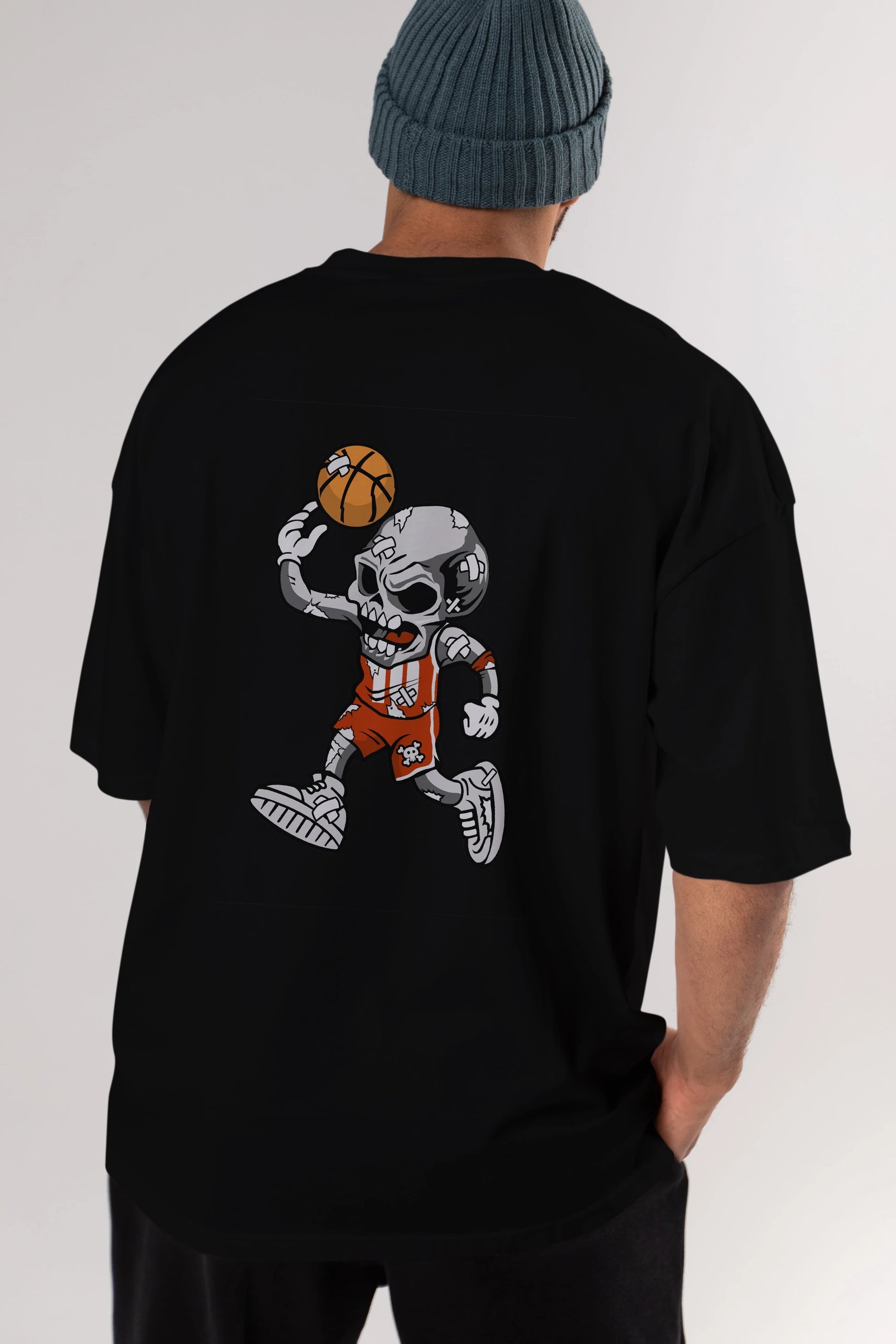 Skull Basketball Arka Baskılı Oversize t-shirt Erkek Kadın Unisex %100 Pamuk tişort