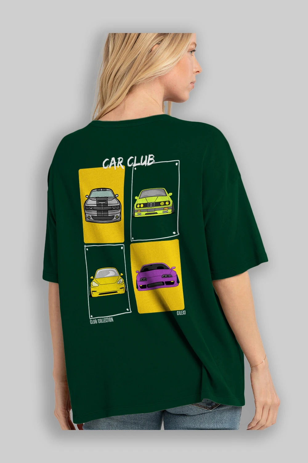 Car Club Arka Baskılı Oversize t-shirt Erkek Kadın %100 Pamuk Bisiklet Yaka tişort