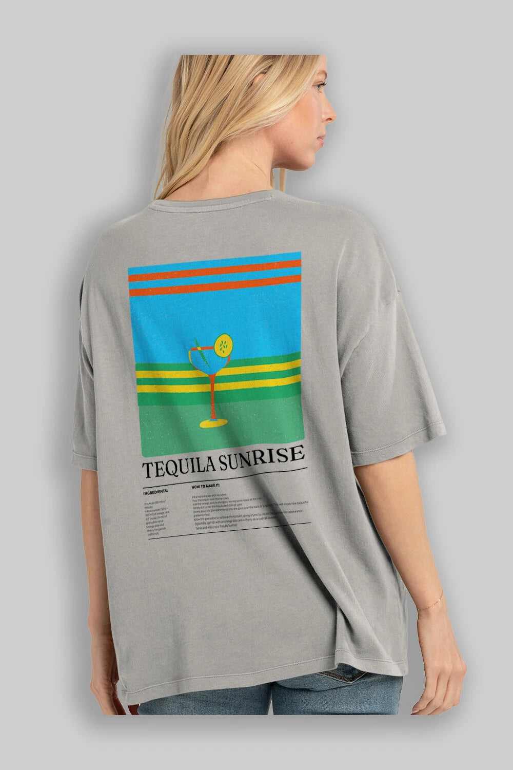 Tequila Sunrise Kokteyl Serisi Arka Baskılı Oversize t-shirt Erkek Kadın %100 Pamuk Bisiklet Yaka tişort