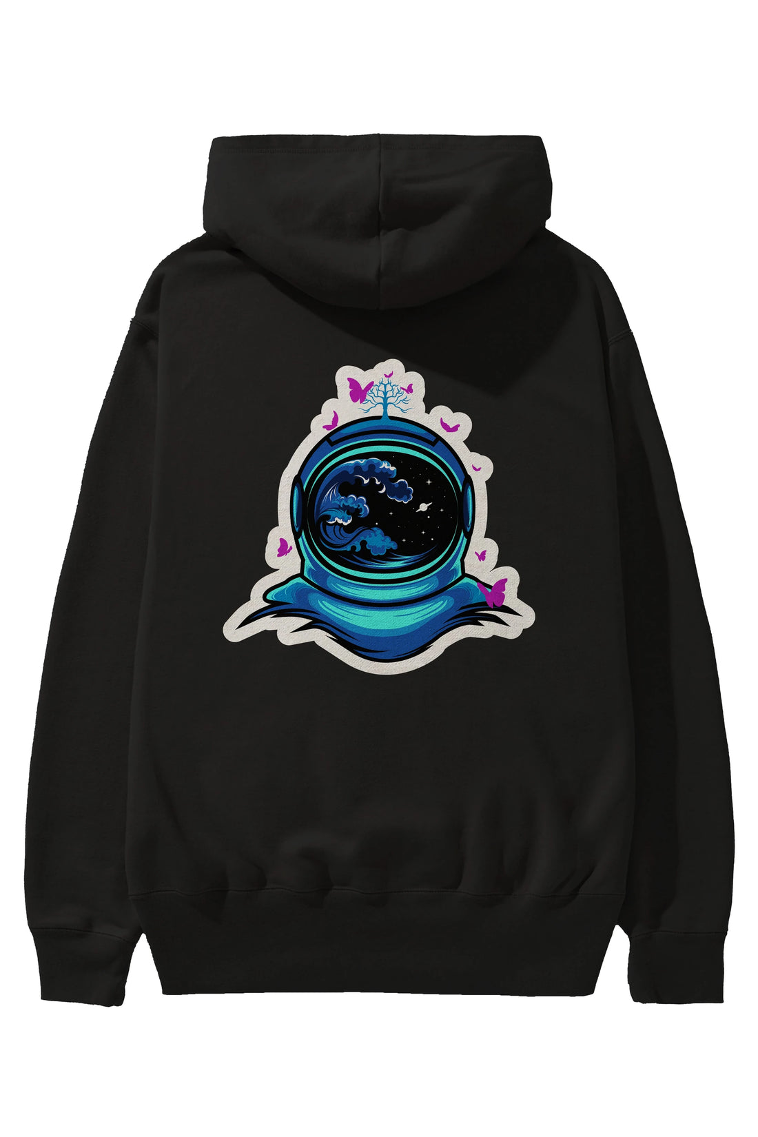 Astronaut and Butterfly Sticker Arka Baskılı Hoodie Oversize Kapüşonlu Sweatshirt Erkek Kadın Unisex