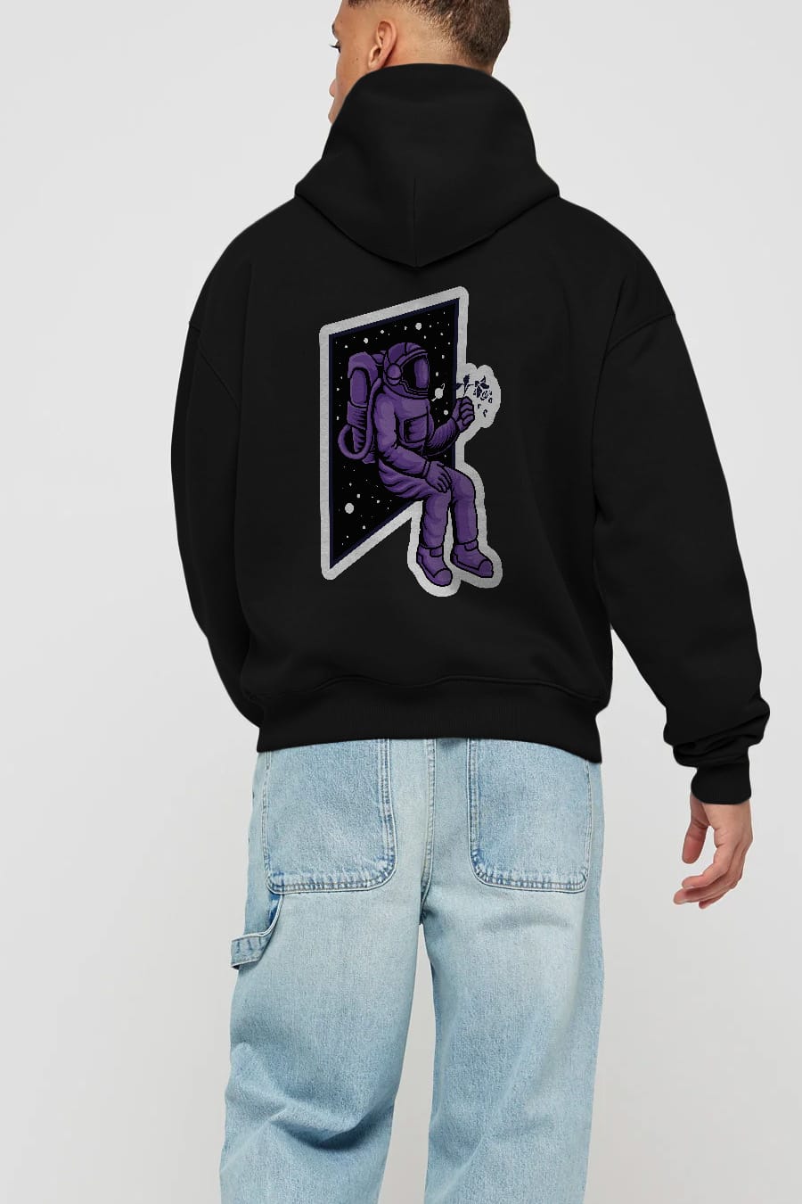 Astronaut holding black rose sticker Arka Baskılı Hoodie Oversize Kapüşonlu Sweatshirt Erkek Kadın Unisex