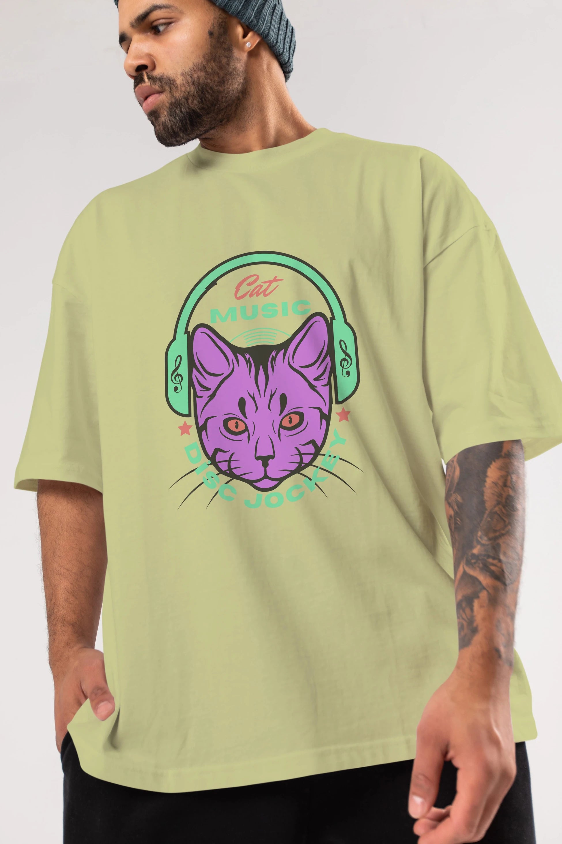 Cat Music Ön Baskılı Oversize t-shirt Erkek Kadın Unisex