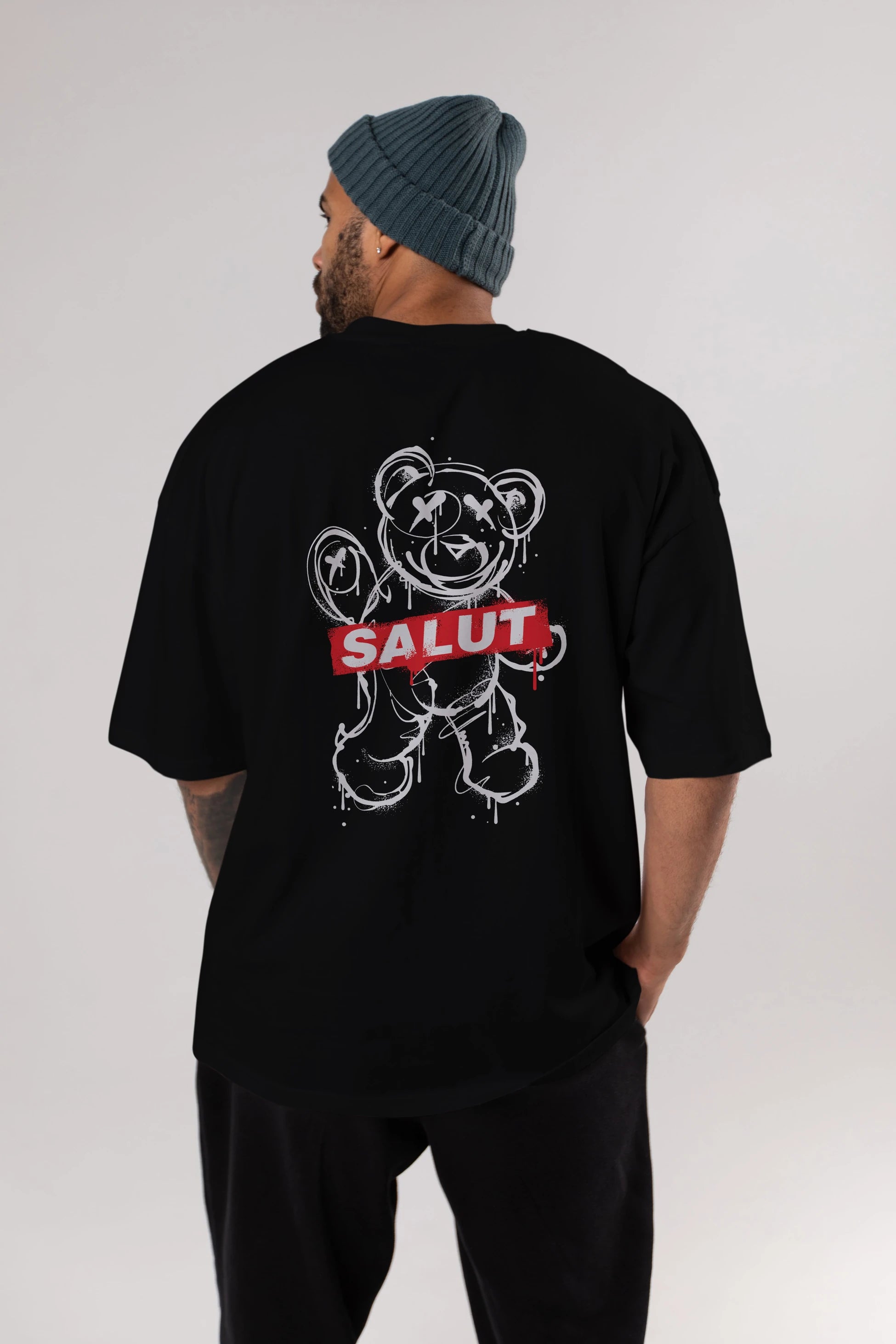 Teddy Bear Salut Arka Baskılı Oversize t-shirt Erkek Kadın Unisex