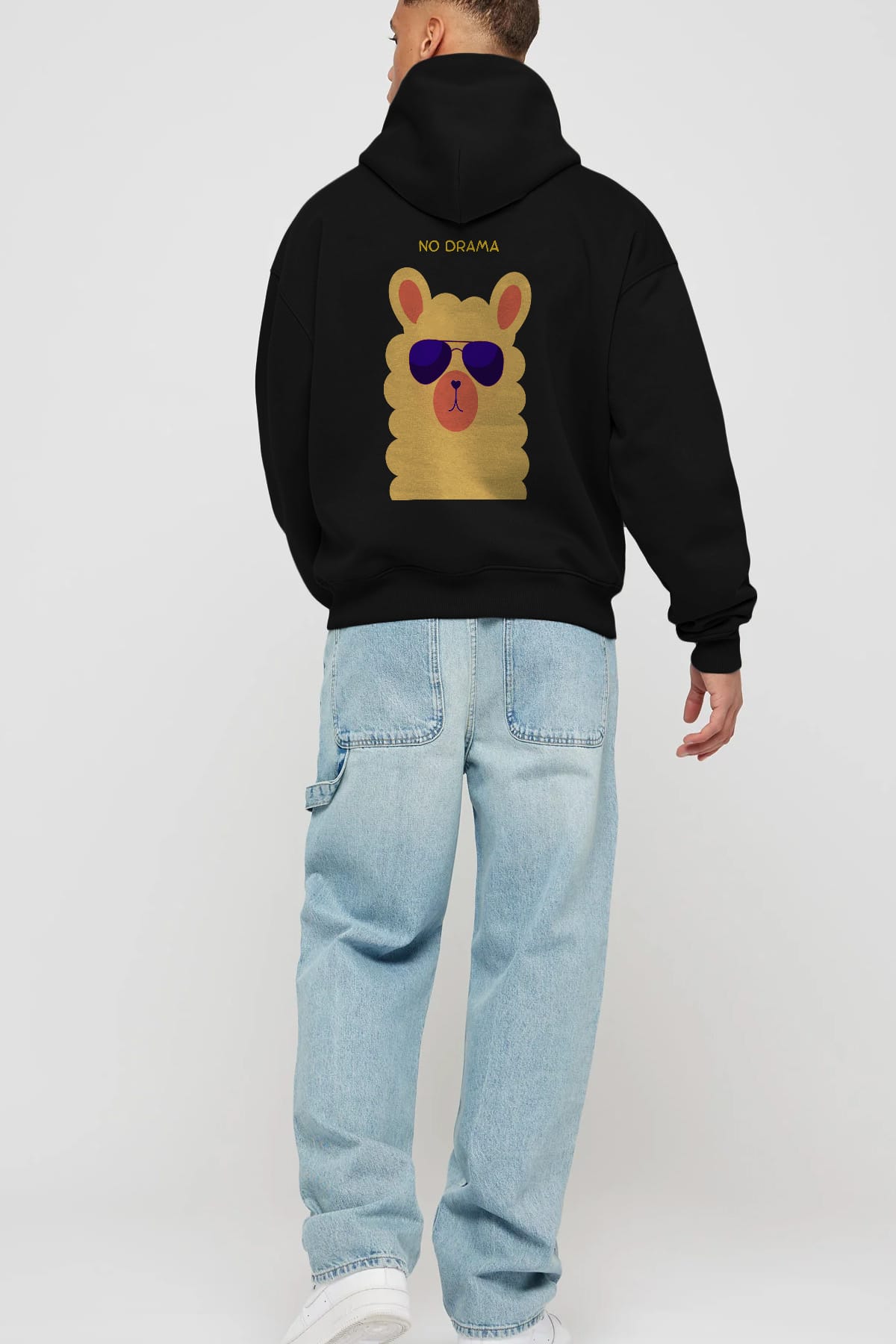 No Drama Yazılı Lama Arka Baskılı Oversize Hoodie Kapüşonlu Sweatshirt Erkek Kadın Unisex