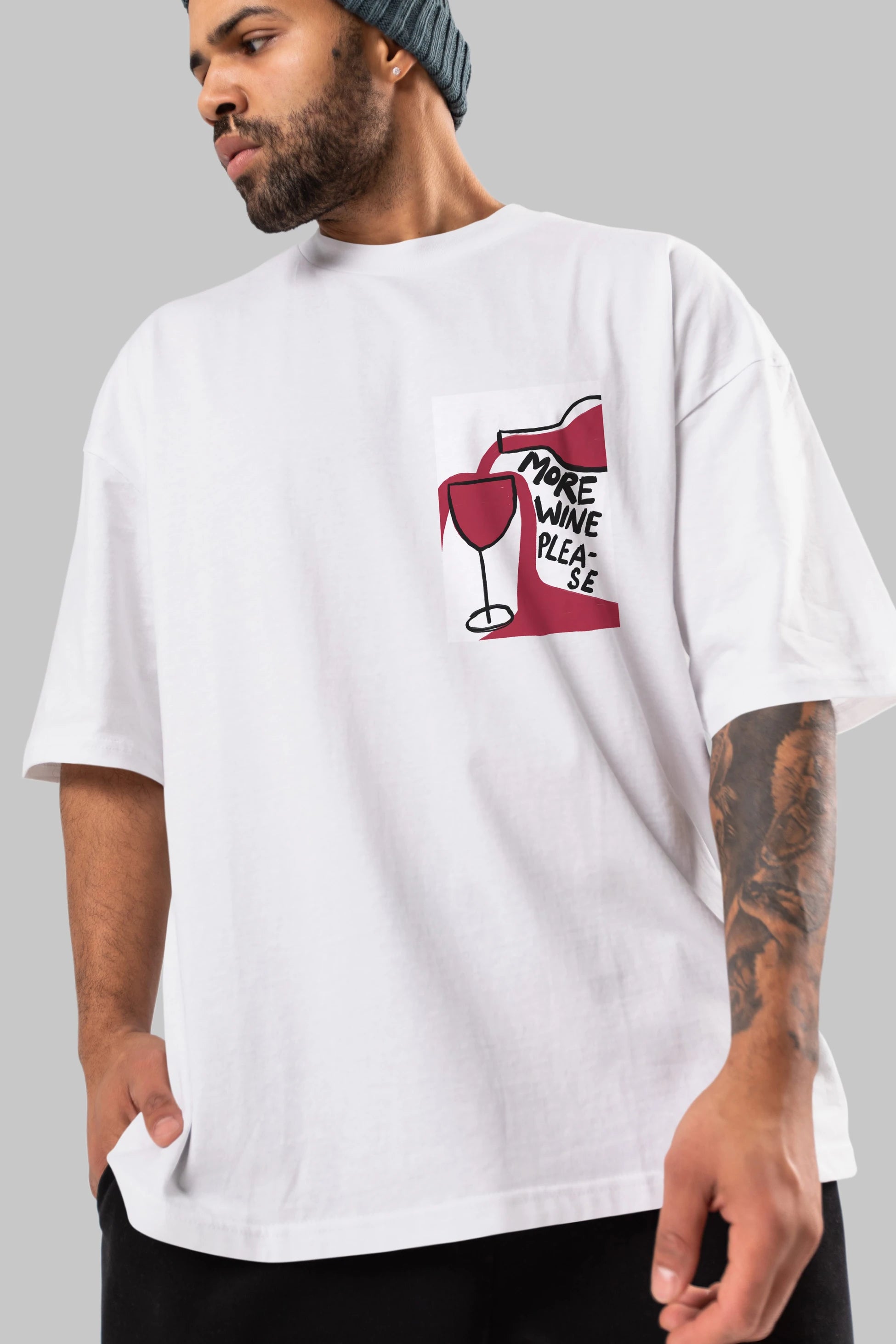 More Wine Please Ön Sol Baskılı Oversize t-shirt Erkek Kadın Unisex %100 Pamuk Bisiklet Yaka tişort