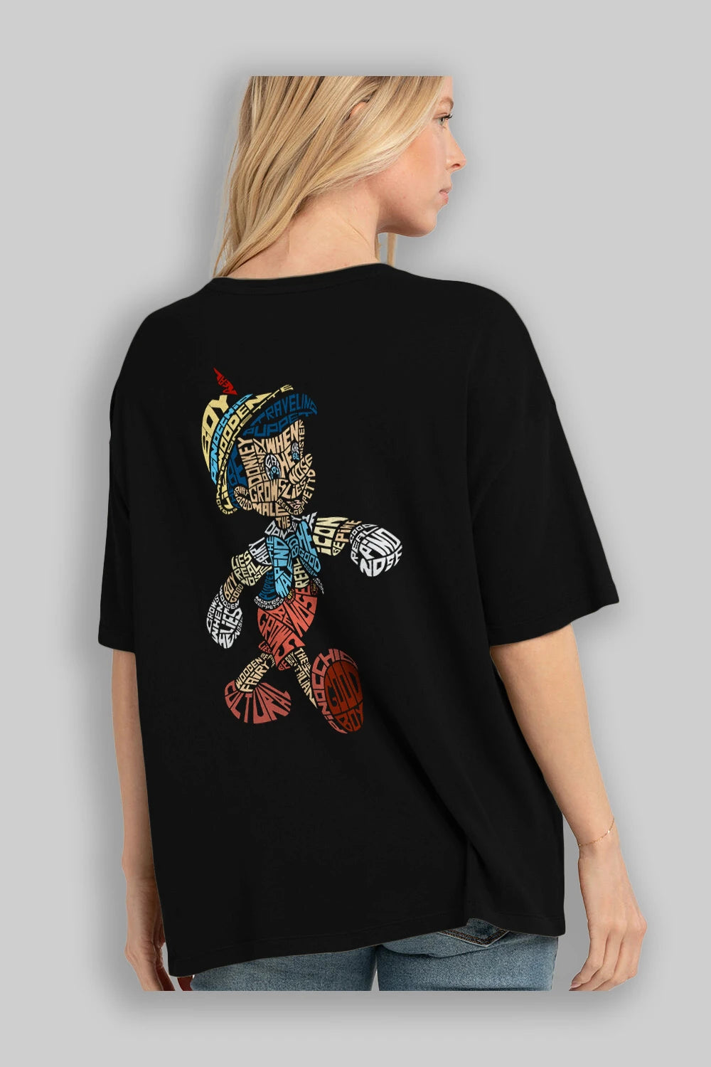 Pinokio Arka Baskılı Oversize t-shirt %100 pamuk Erkek Kadın Unisex