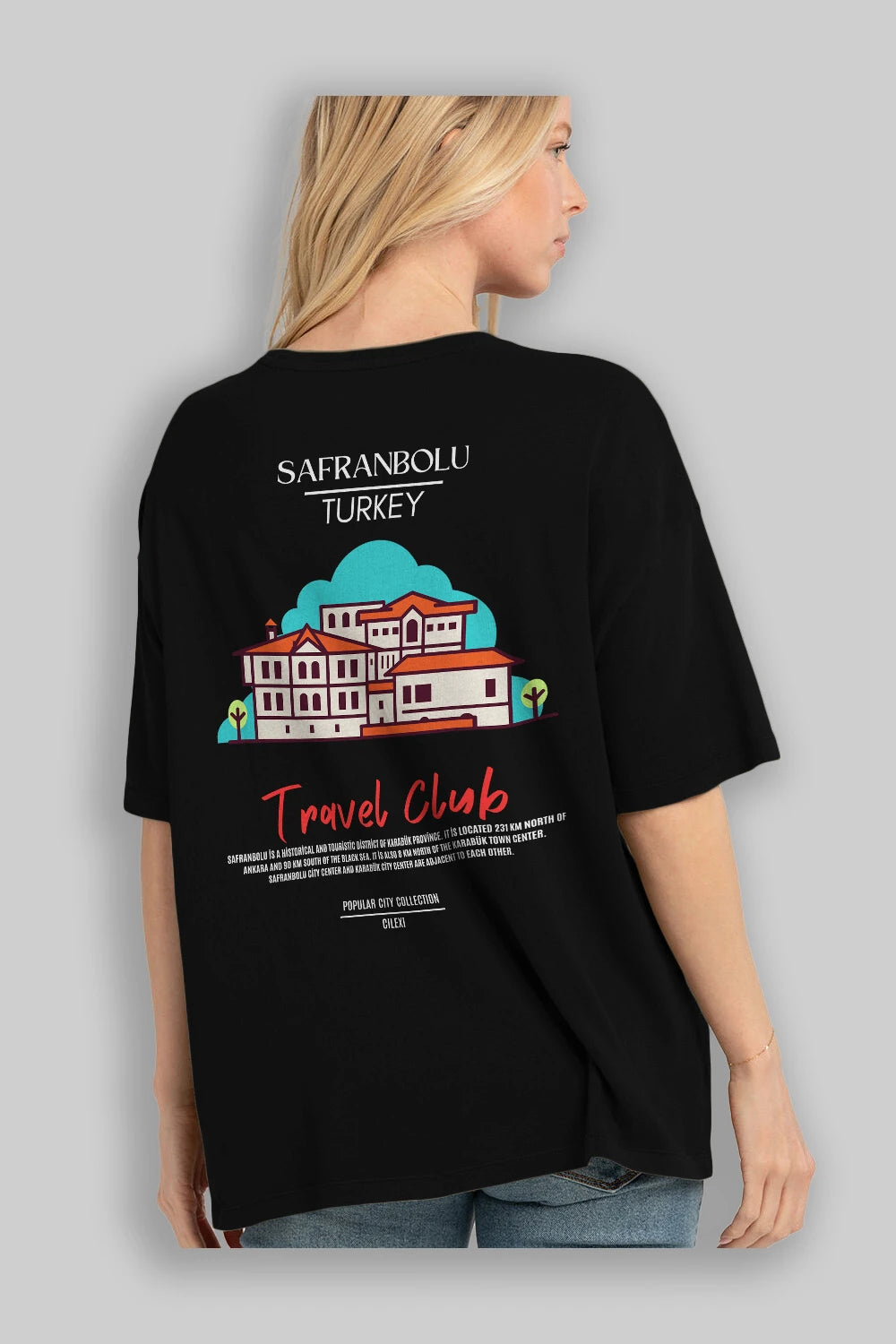 Safranbolu Turkey Arka Baskılı Oversize t-shirt Erkek Kadın Pamuk Bisiklet Yaka tişort