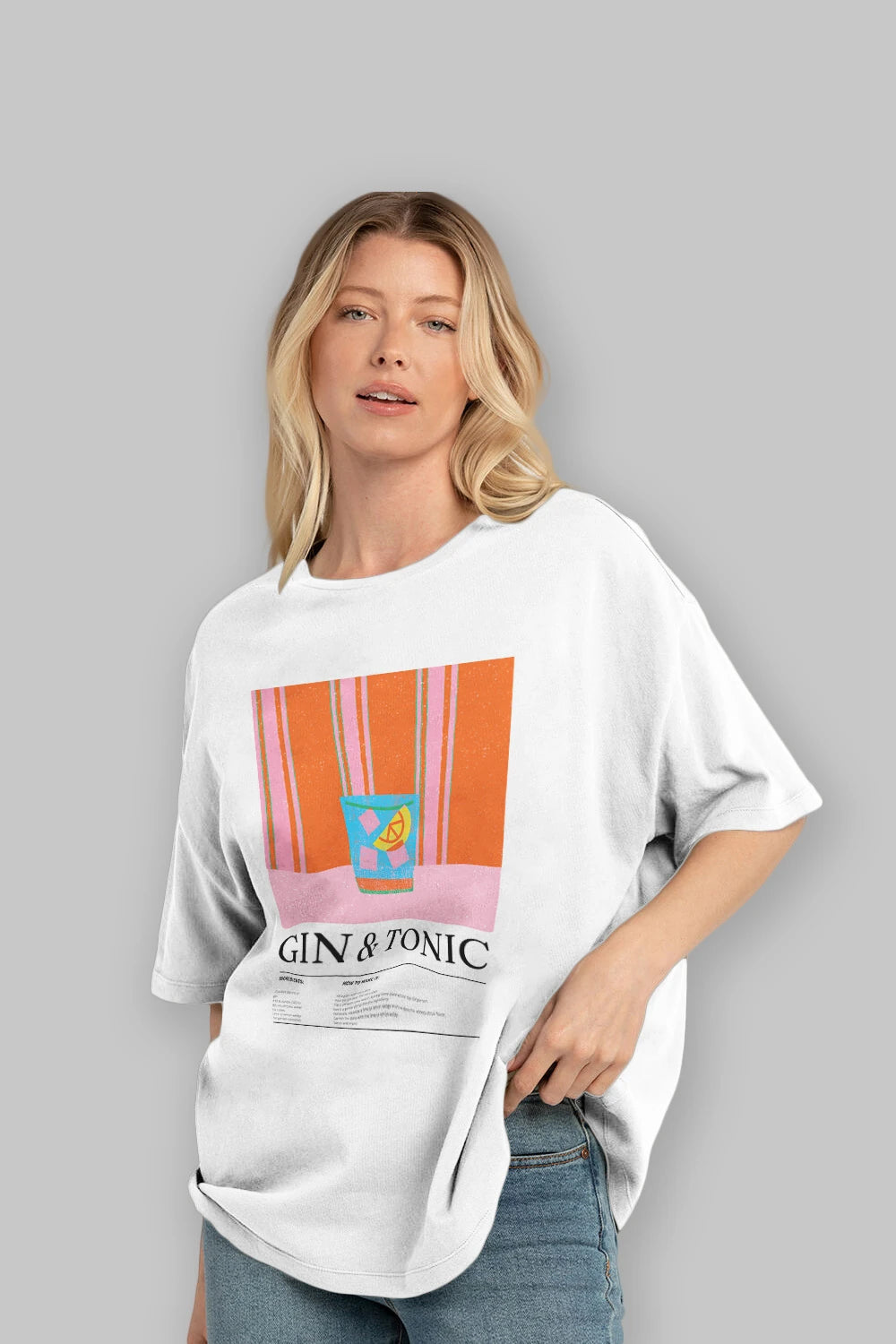 Gin tonic Kokteyl Ön Baskılı Oversize t-shirt Erkek Kadın %100 Pamuk Bisiklet Yaka tişort