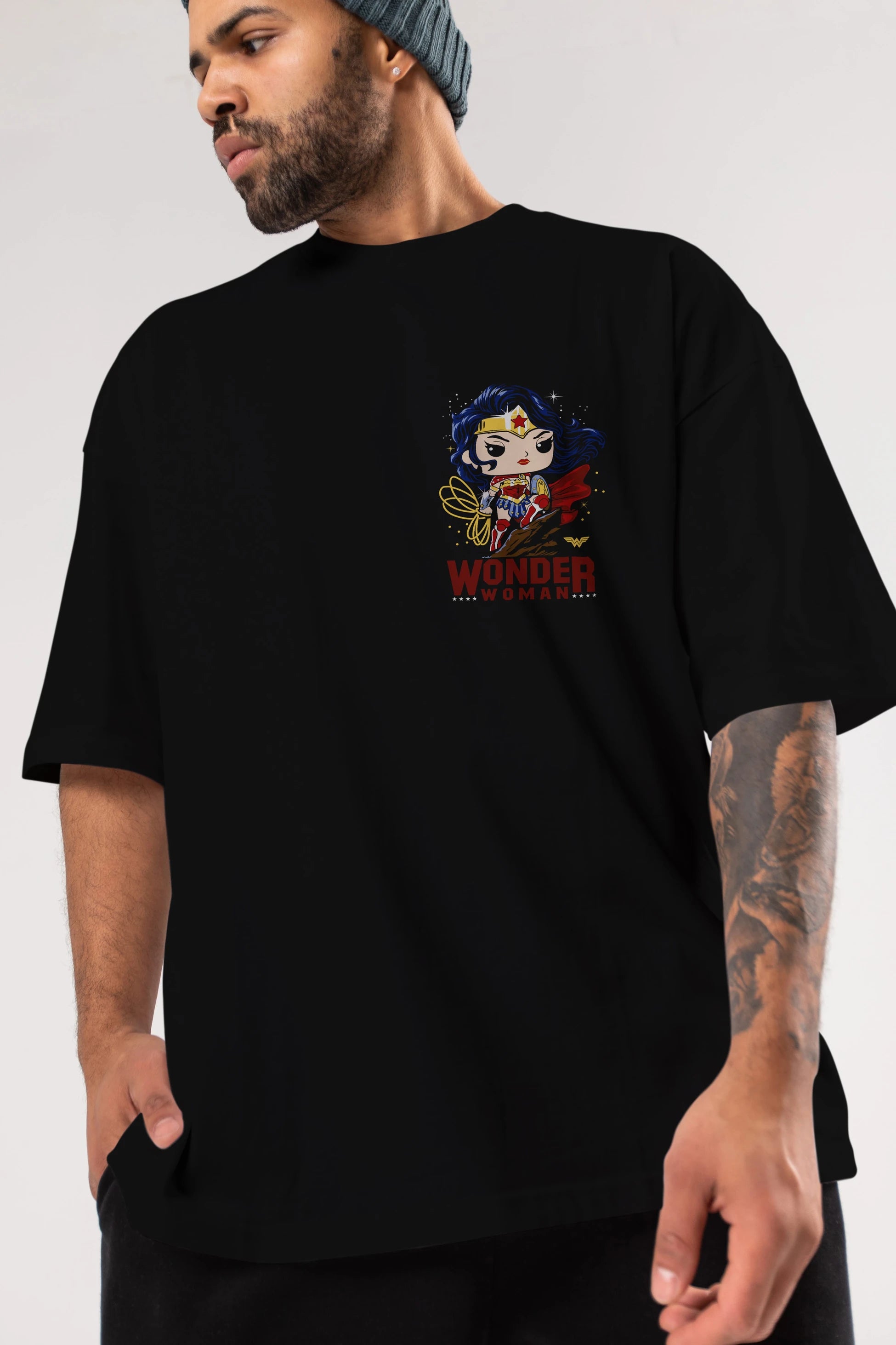 Wonder Woman (2) Ön Sol Baskılı Oversize t-shirt Erkek Kadın Unisex %100 Pamuk Bisiklet Yaka tişort