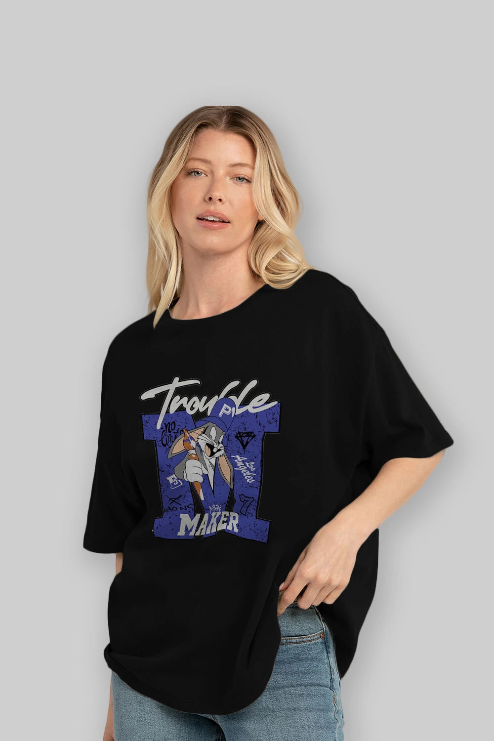 Bugs Bunny Ön Baskılı Oversize t-shirt Erkek Kadın Unisex %100 Pamuk Bisiklet Yaka tişort