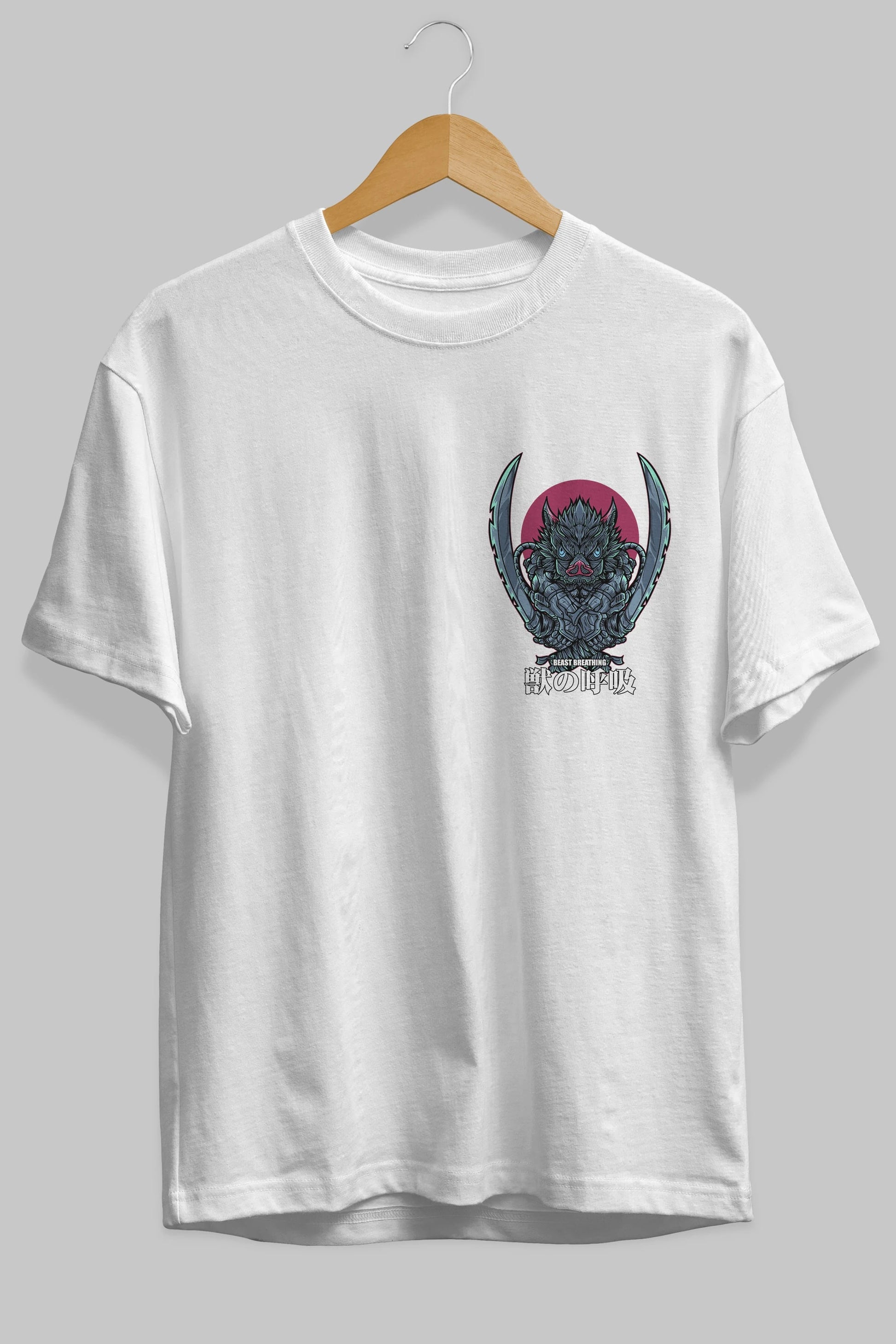 Inosuke DEMON SLAYER Ön Sol Baskılı Oversize t-shirt Erkek Kadın Unisex %100 Pamuk Bisiklet Yaka tişort