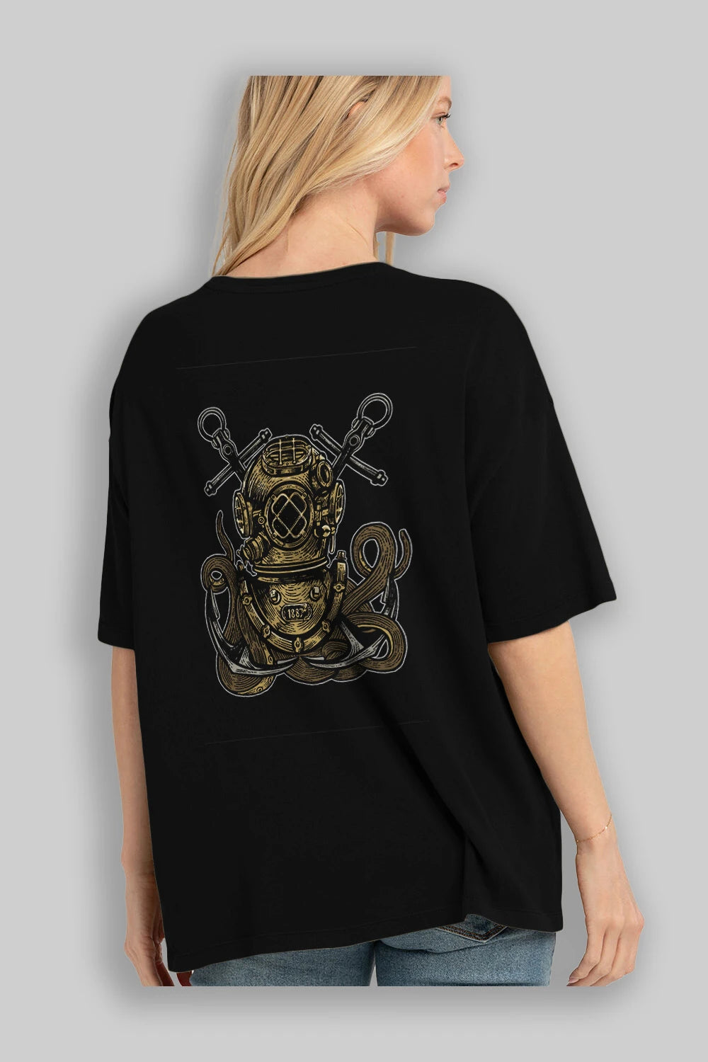 Diver Octopus Arka Baskılı Oversize t-shirt Erkek Kadın Unisex %100 Pamuk