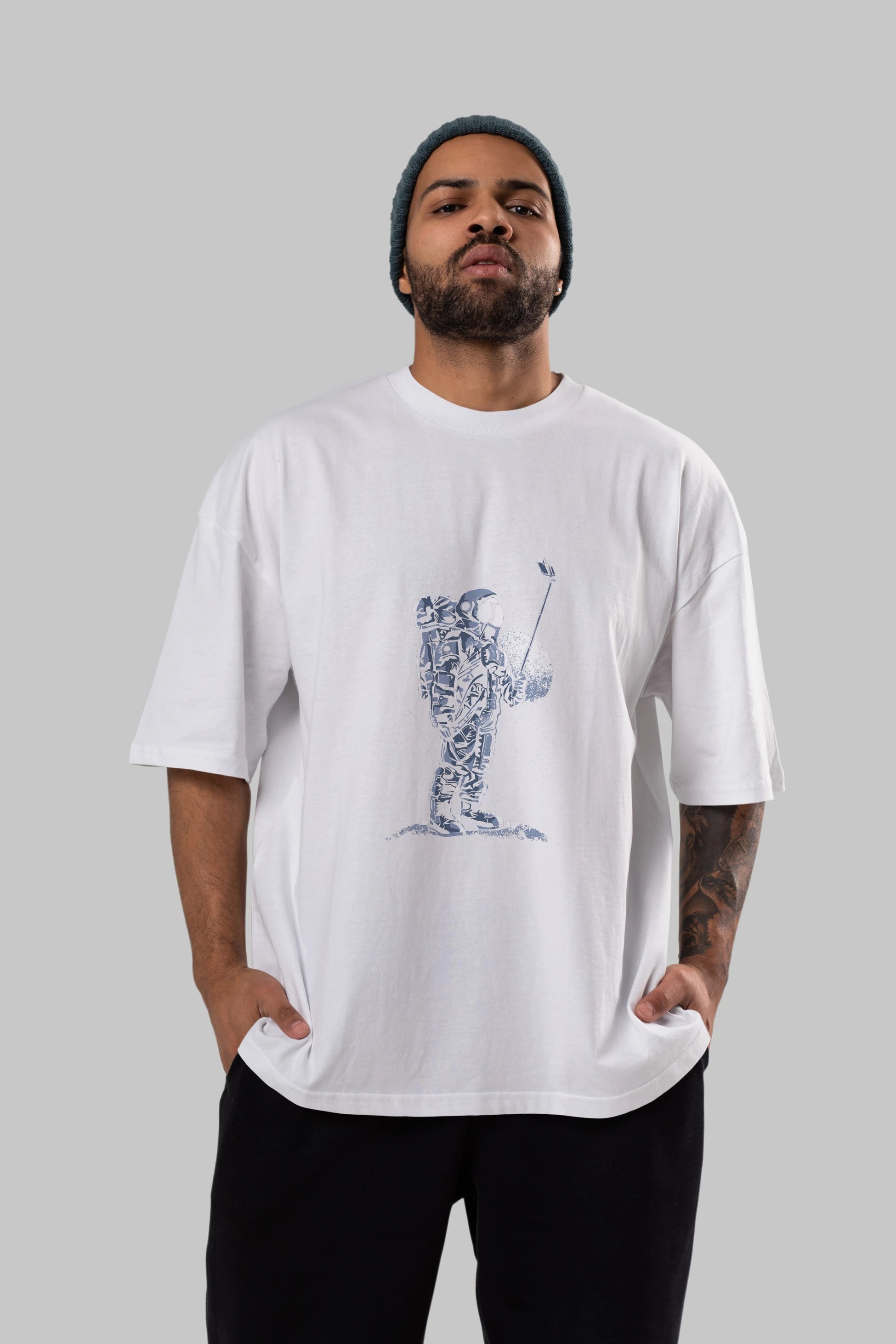 Selfie Astronaut Ön Baskılı Oversize t-shirt Erkek Kadın Unisex %100 Pamuk tişort