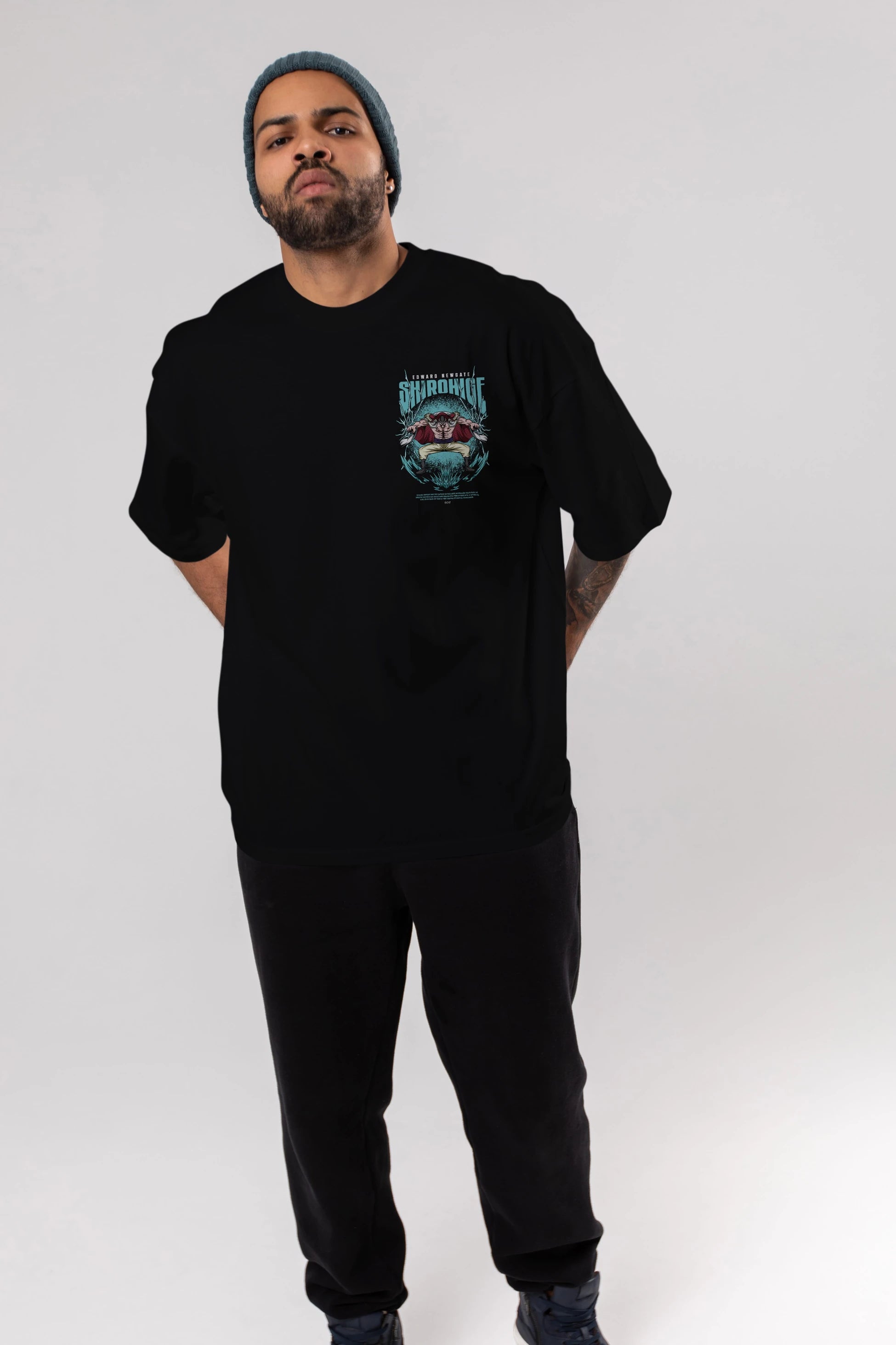 Shirohige Ön Sol Baskılı Oversize t-shirt Erkek Kadın Unisex %100 Pamuk Bisiklet Yaka tişort