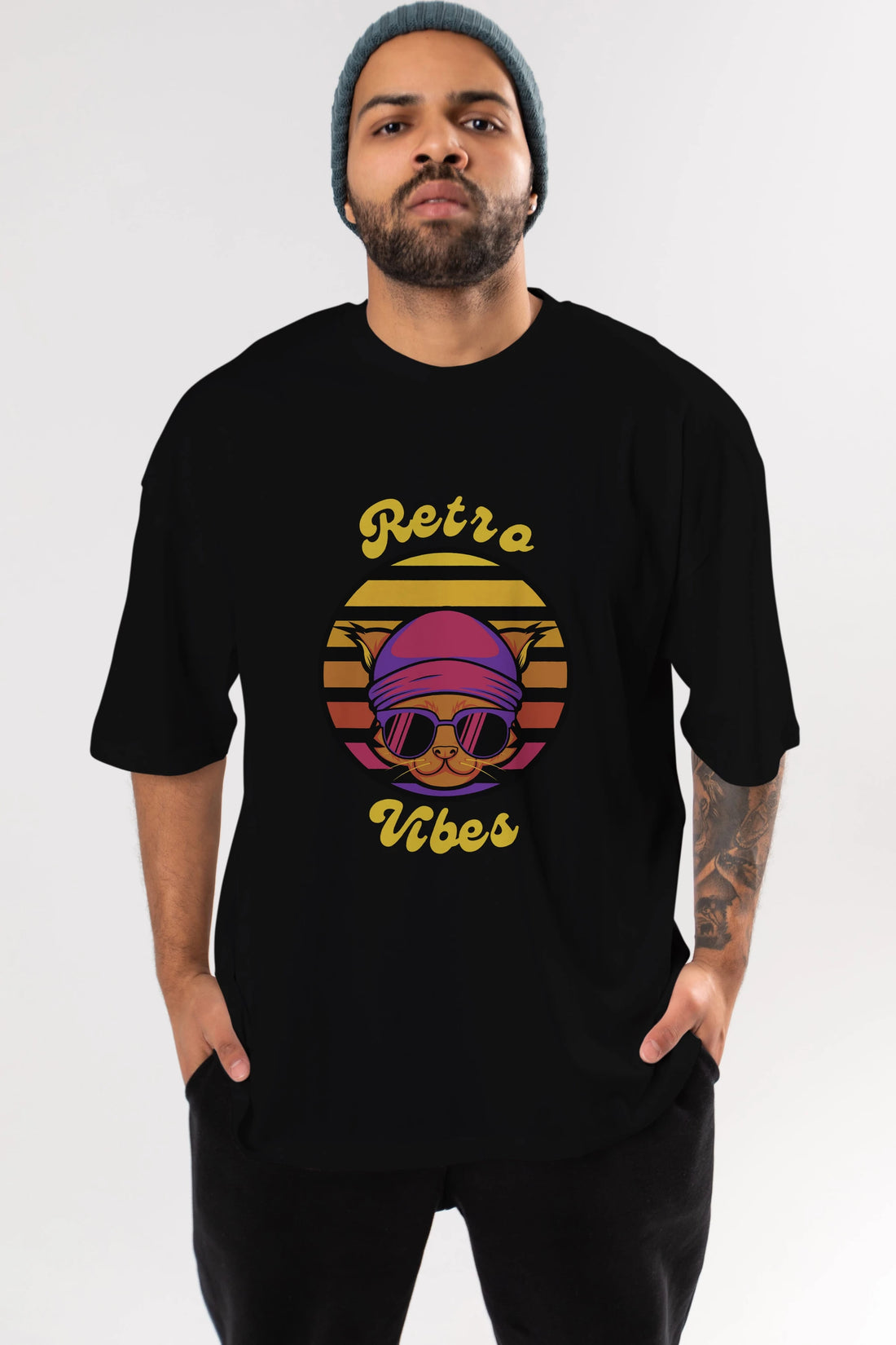 Cat Retro Vibes Ön Baskılı Oversize t-shirt Erkek Kadın Unisex