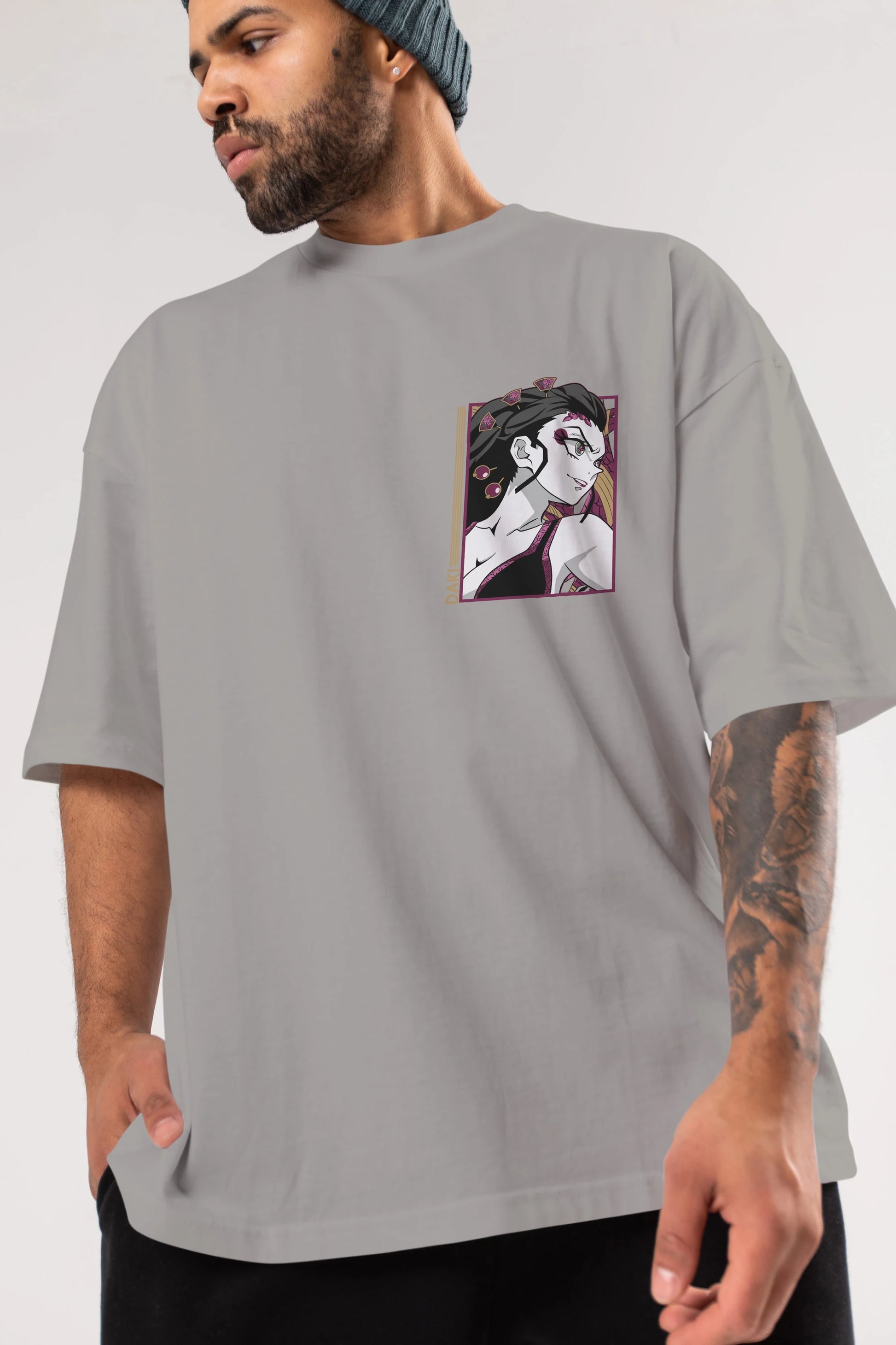Daki DEMION SLAYER Ön Sol Baskılı Oversize t-shirt Erkek Kadın Unisex %100 Pamuk Bisiklet Yaka tişort