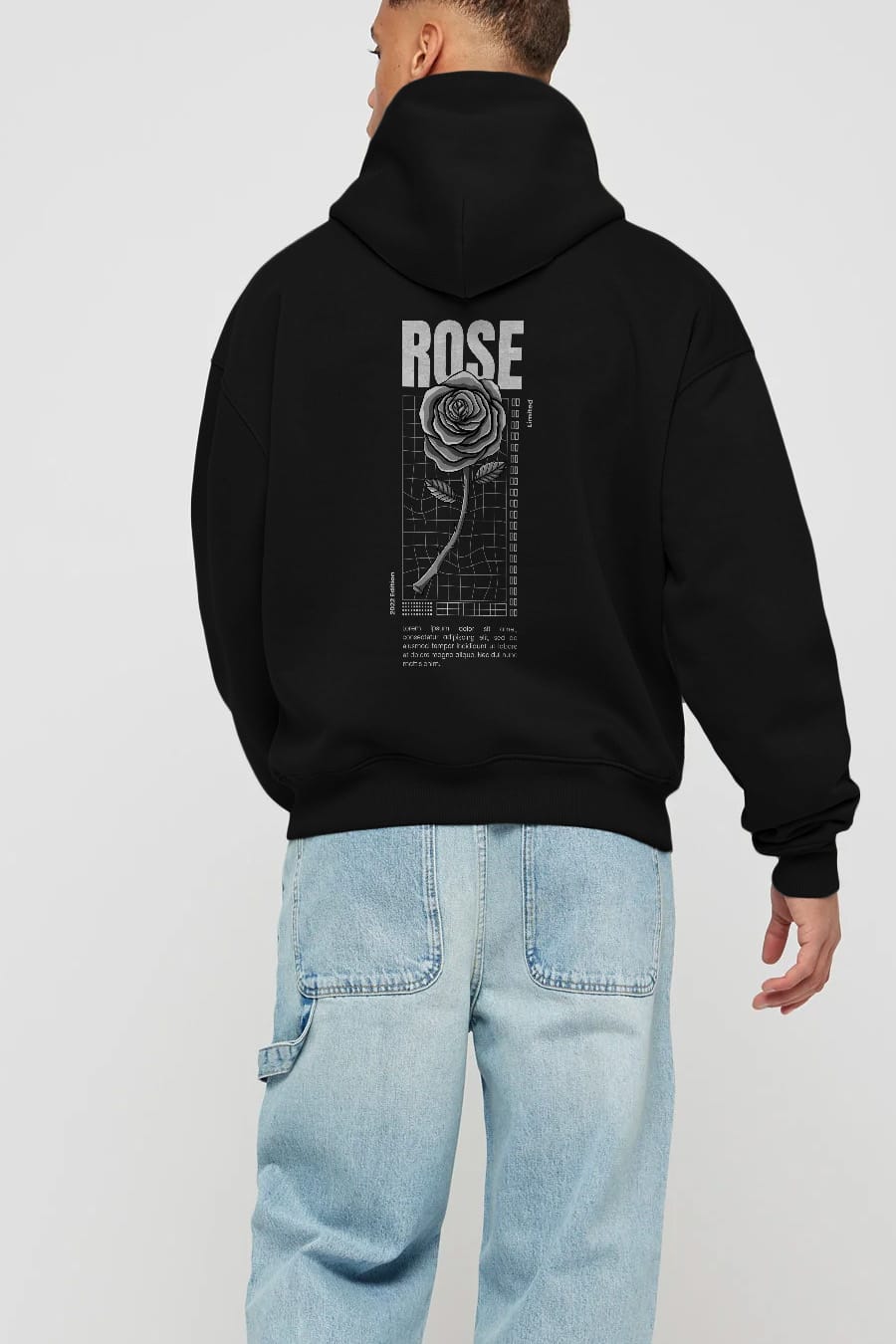 Rose Streetwear Arka Baskılı Oversize Hoodie Kapüşonlu Sweatshirt Erkek Kadın Unisex