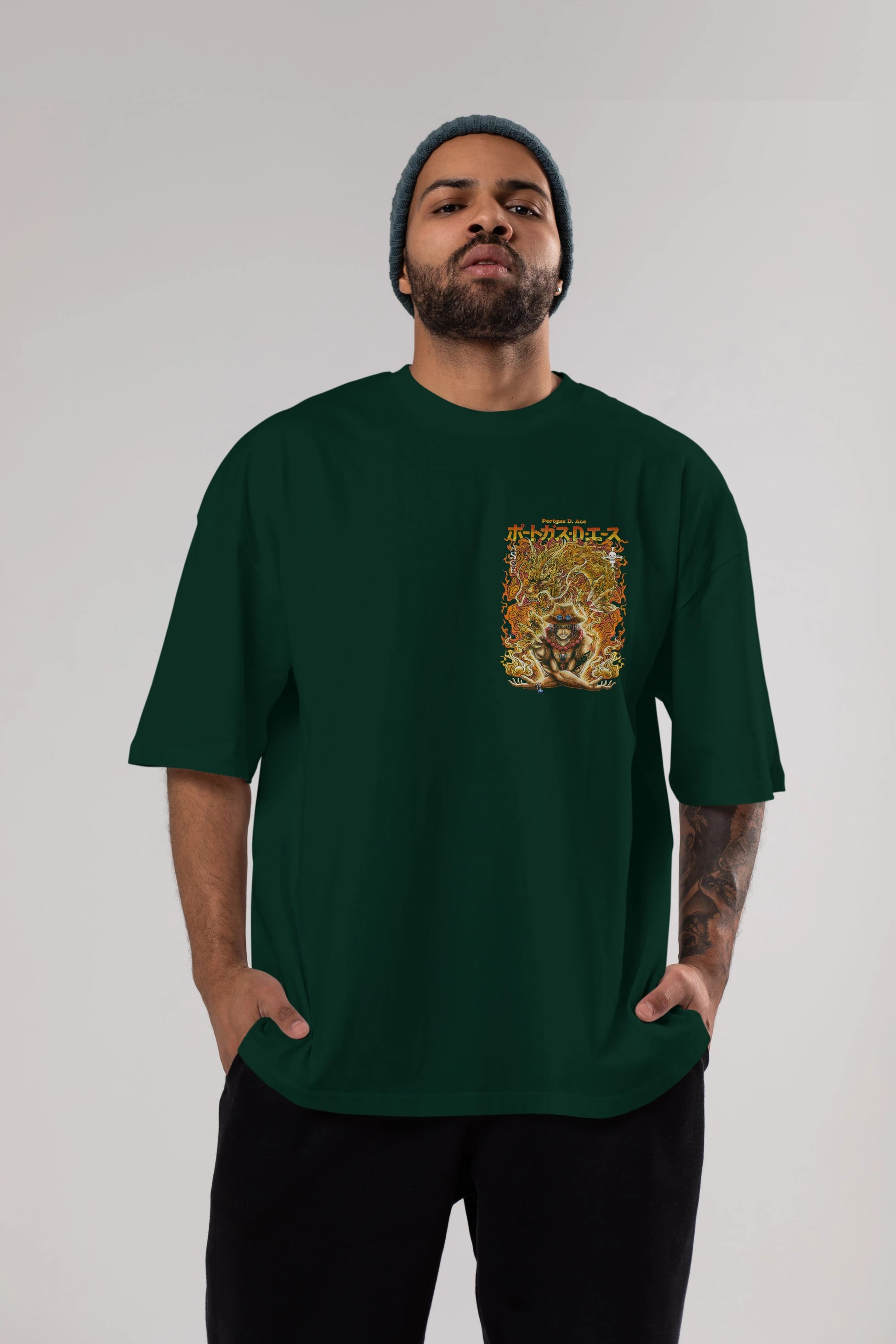 PORTGAS D. ACE Ön Sol Baskılı Oversize t-shirt Erkek Kadın Unisex %100 Pamuk Bisiklet Yaka tişort