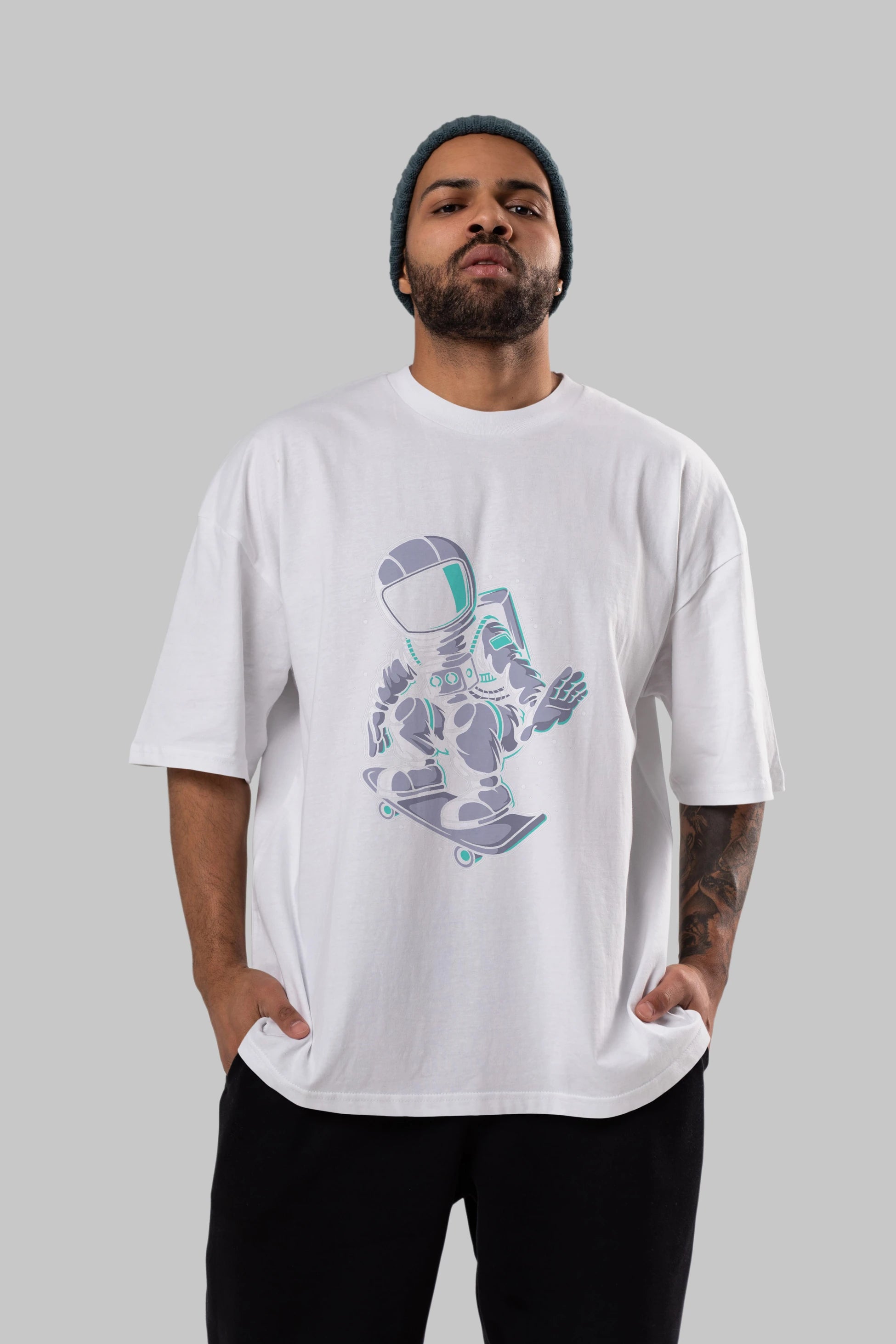 Astronaut Skater Ön Baskılı Oversize t-shirt Erkek Kadın Unisex