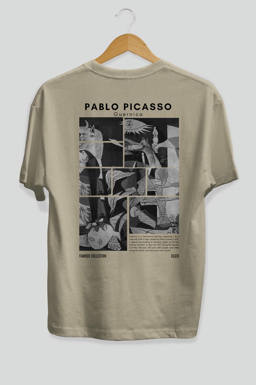 Pablo Picasso Guernica Arka Baskılı Oversize t-shirt Erkek Kadın Bisiklet Yaka Pamuk tişort