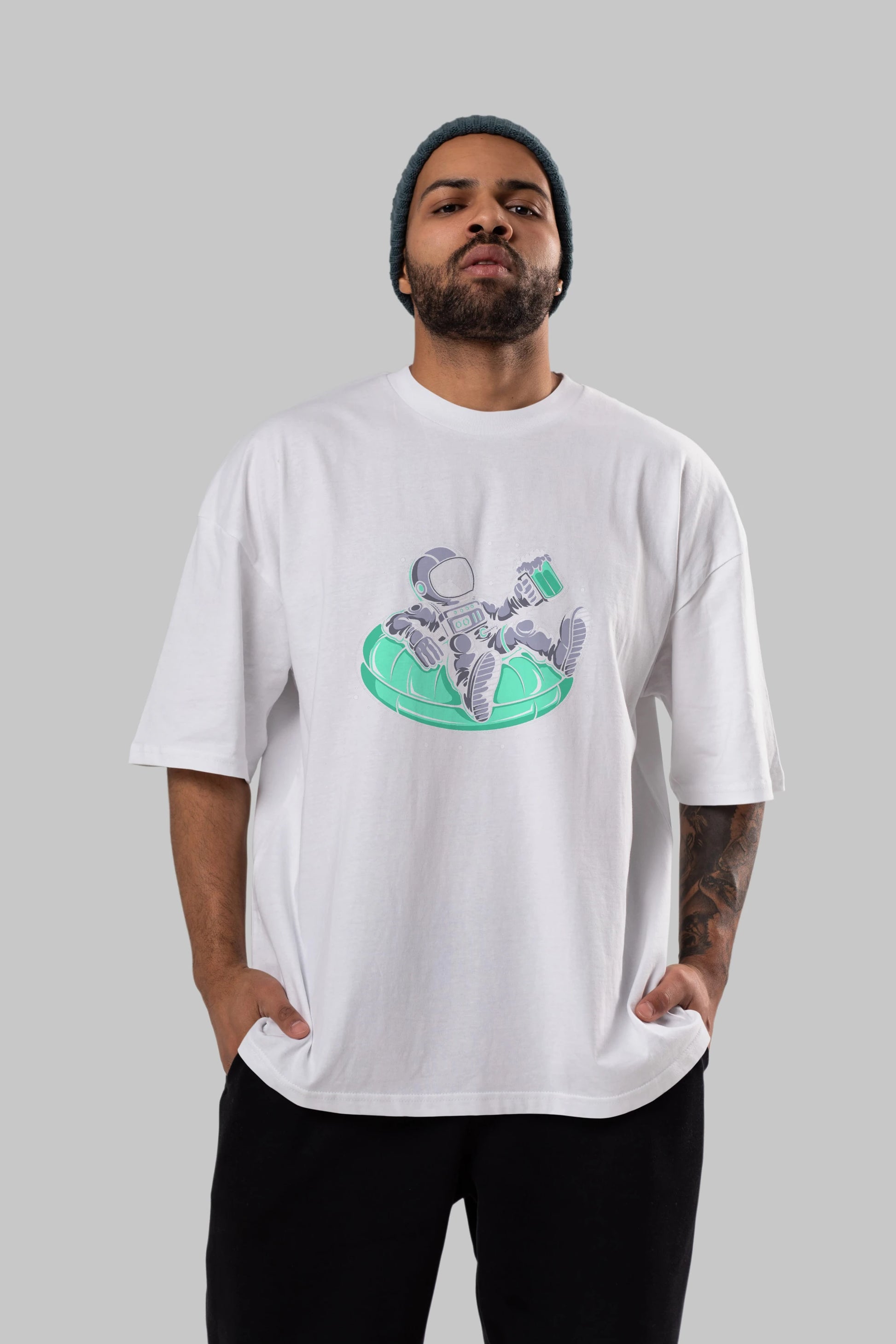 Astronaut Pool Float Ön Baskılı Oversize t-shirt Erkek Kadın Unisex