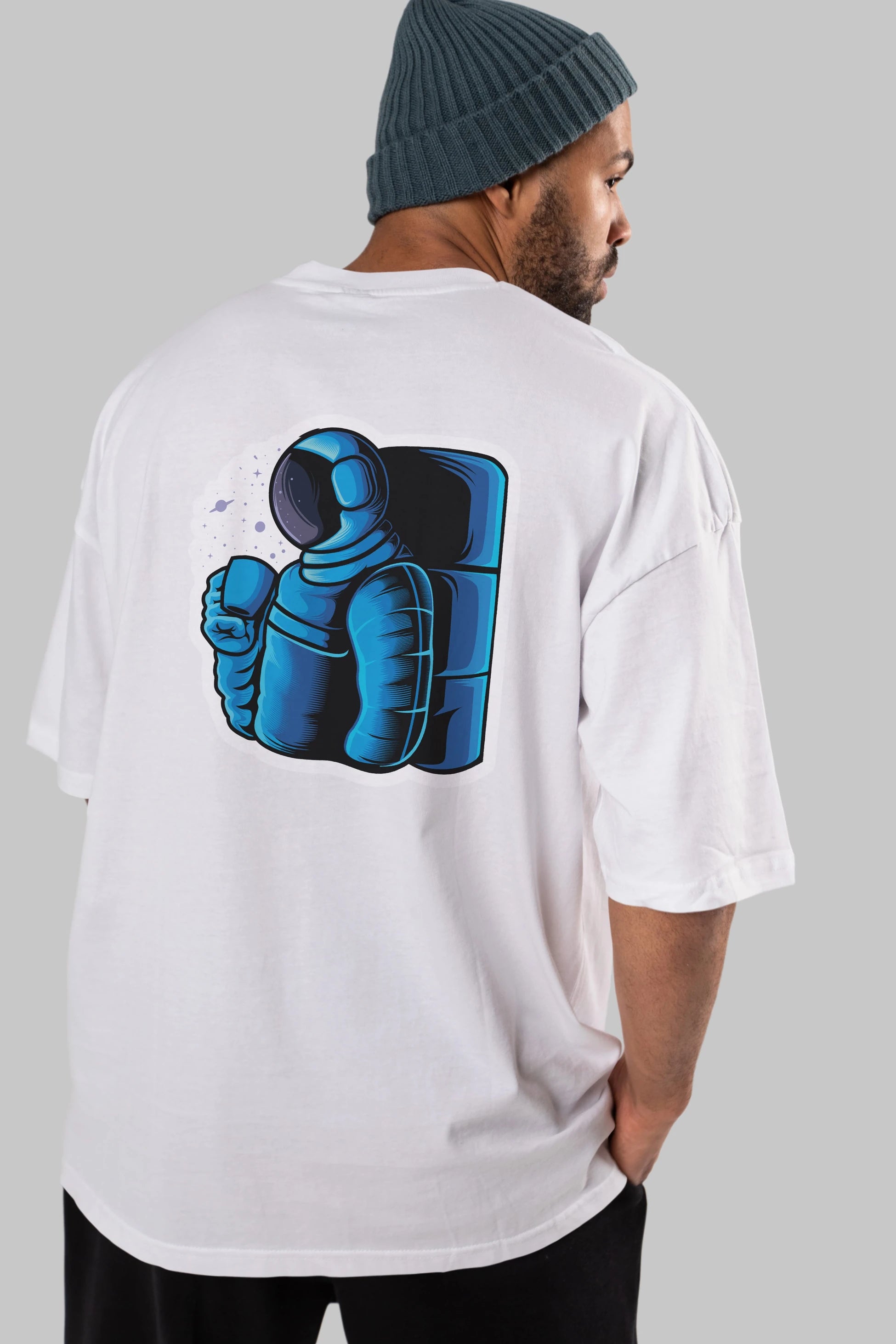 Drinking coffee in space sticker Arka Baskılı Oversize t-shirt Erkek Kadın Unisex