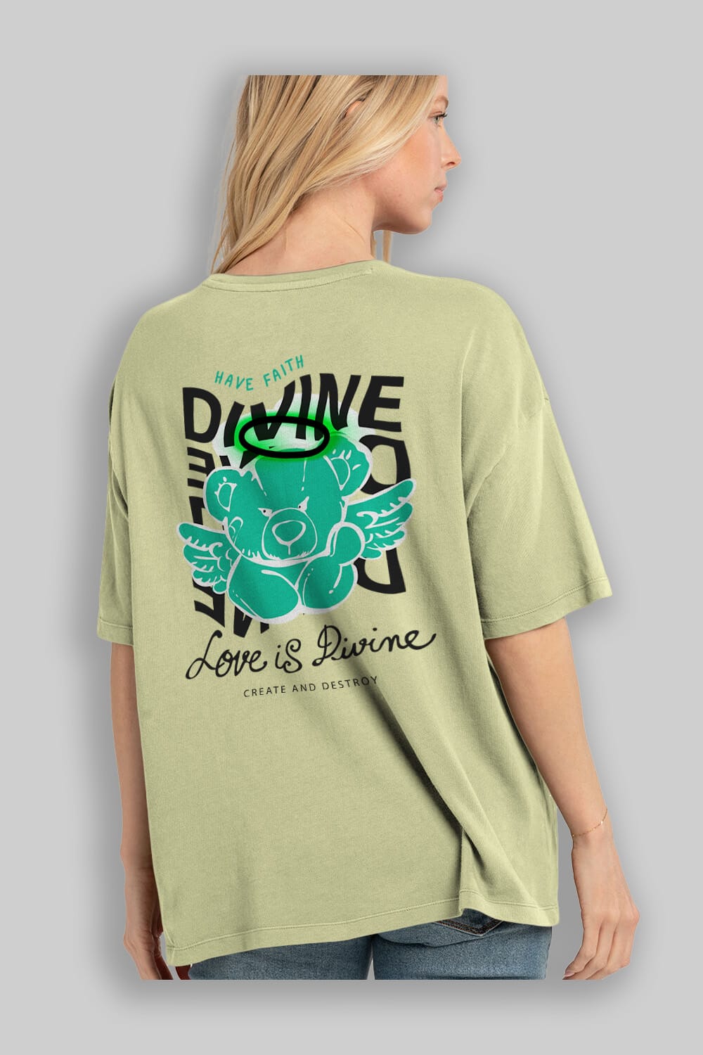 Love is Divine Bear Arka Baskılı Oversize t-shirt Erkek Kadın Unisex