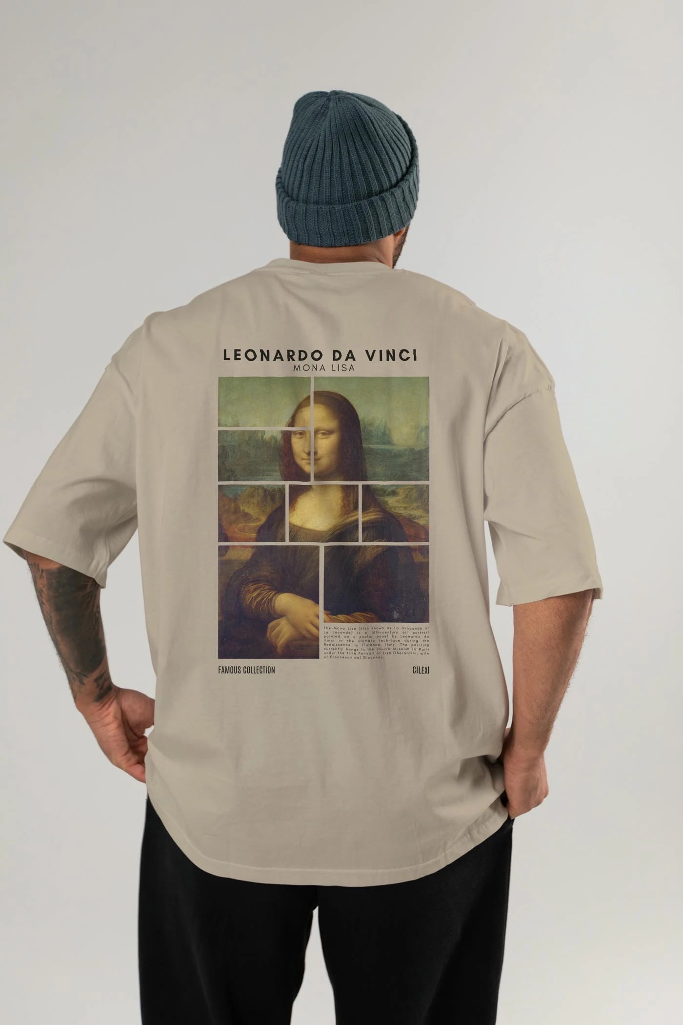Leonardo Da Vinci Mona Lisa Arka Baskılı Oversize t-shirt Erkek Kadın Bisiklet Yaka Pamuk tişort