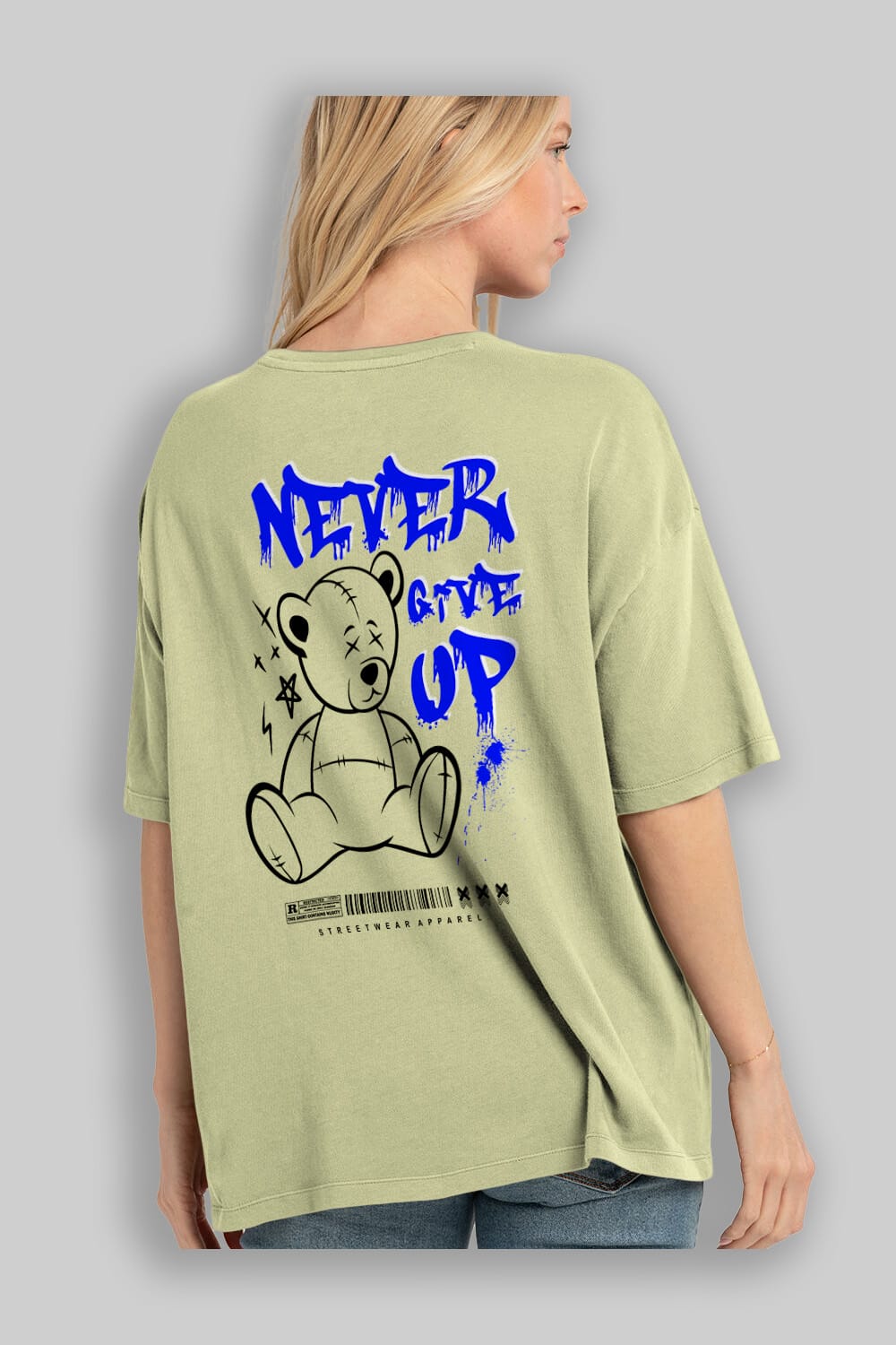 Teddy Bear Never Give Up Arka Baskılı Oversize t-shirt Erkek Kadın Unisex
