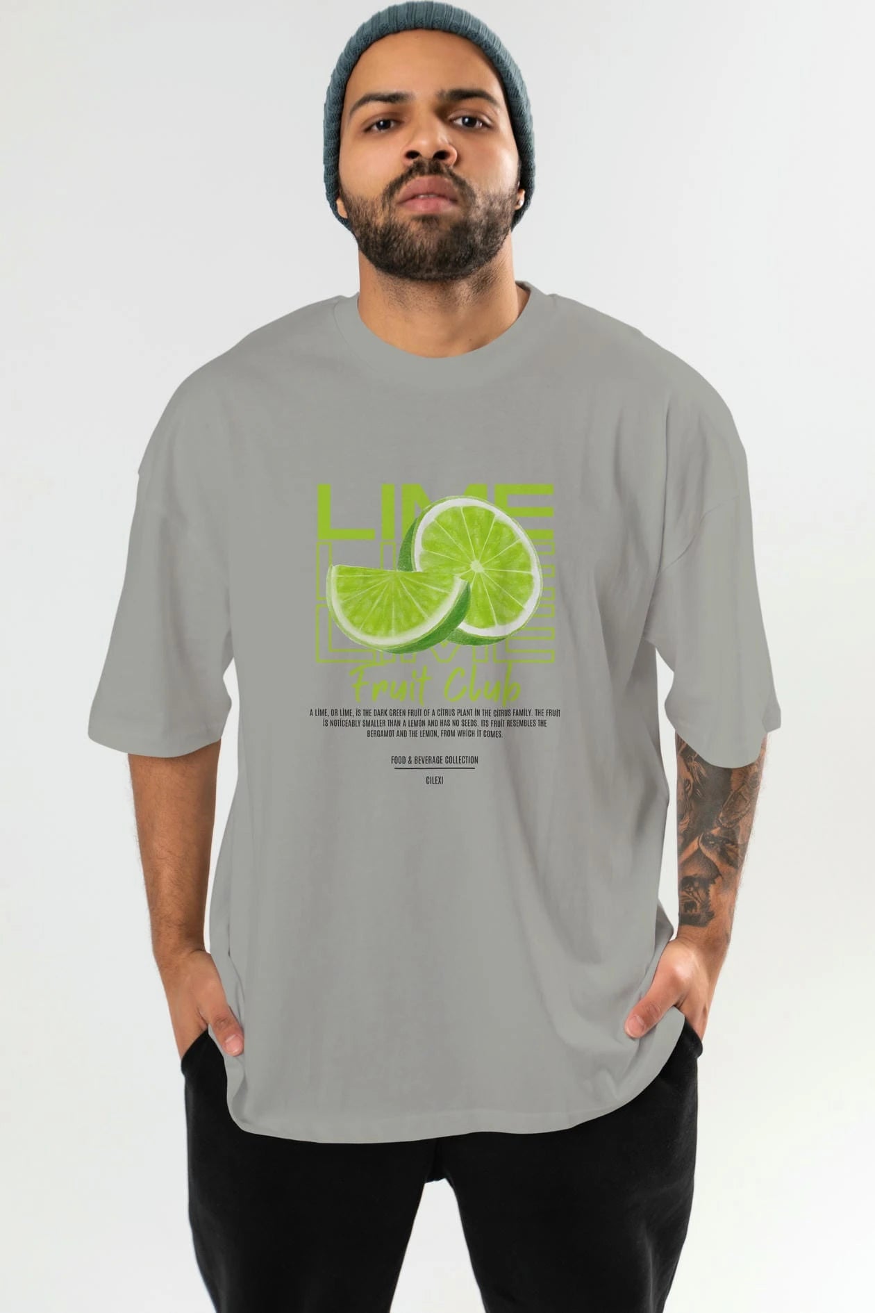 Lime Ön Baskılı Oversize t-shirt Erkek Kadın Pamuk Bisiklet Yaka tişort