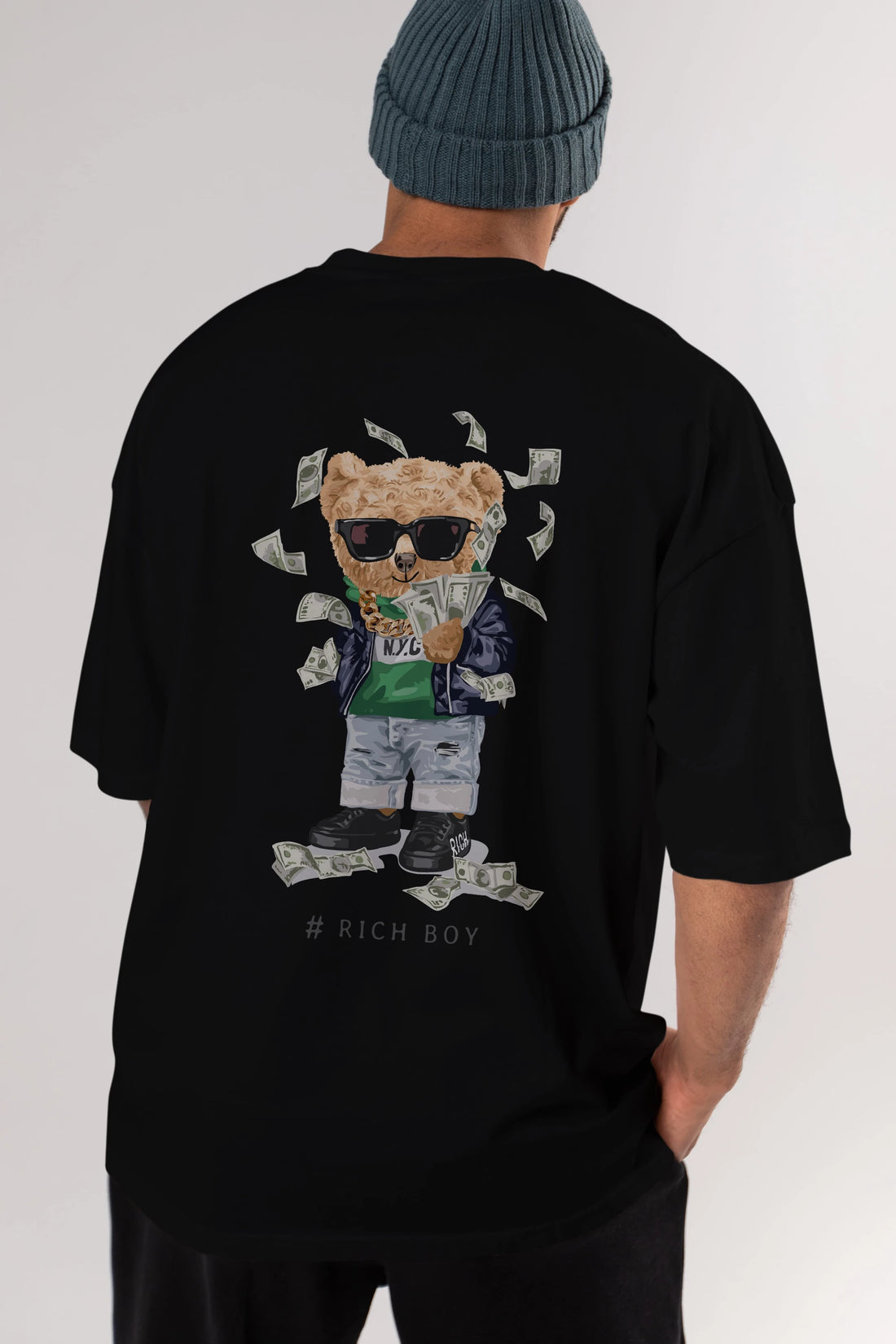 Teddy Bear Rich Boy Arka Baskılı Oversize t-shirt Erkek Kadın Unisex %100 Pamuk
