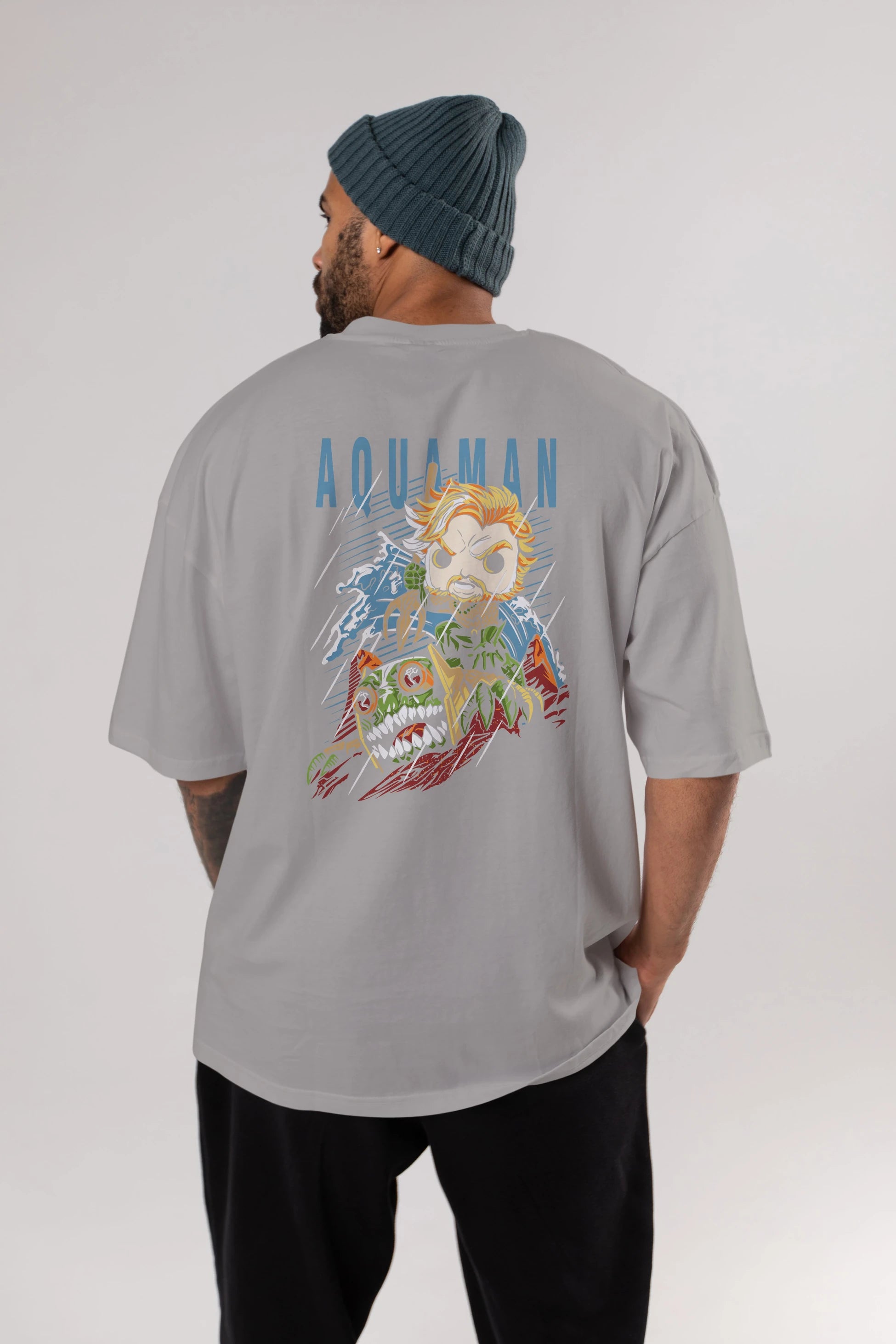 Aquaman Arka Baskılı Oversize t-shirt Erkek Kadın Unisex %100 Pamuk Bisiklet Yaka tişort