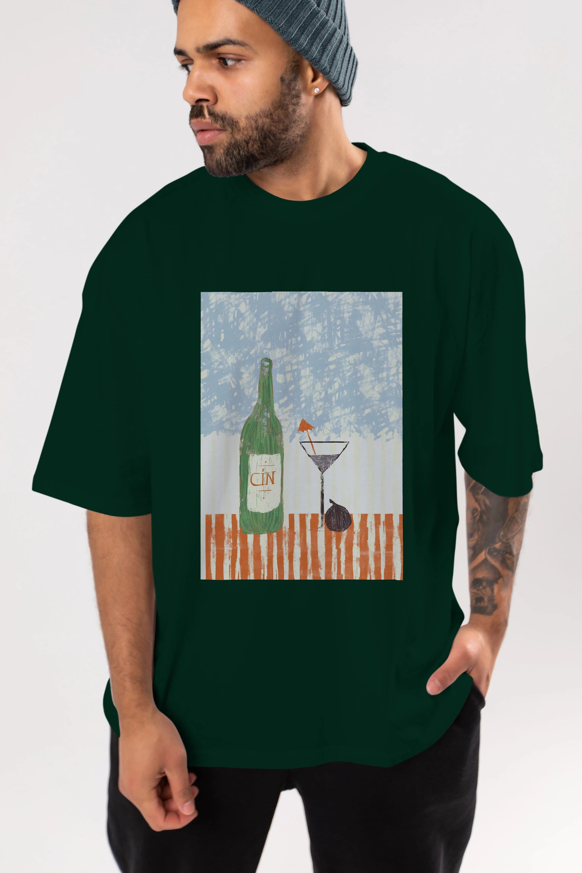Gin Ön Baskılı Oversize t-shirt Erkek Kadın Unisex %100 Pamuk Bisiklet Yaka tişort