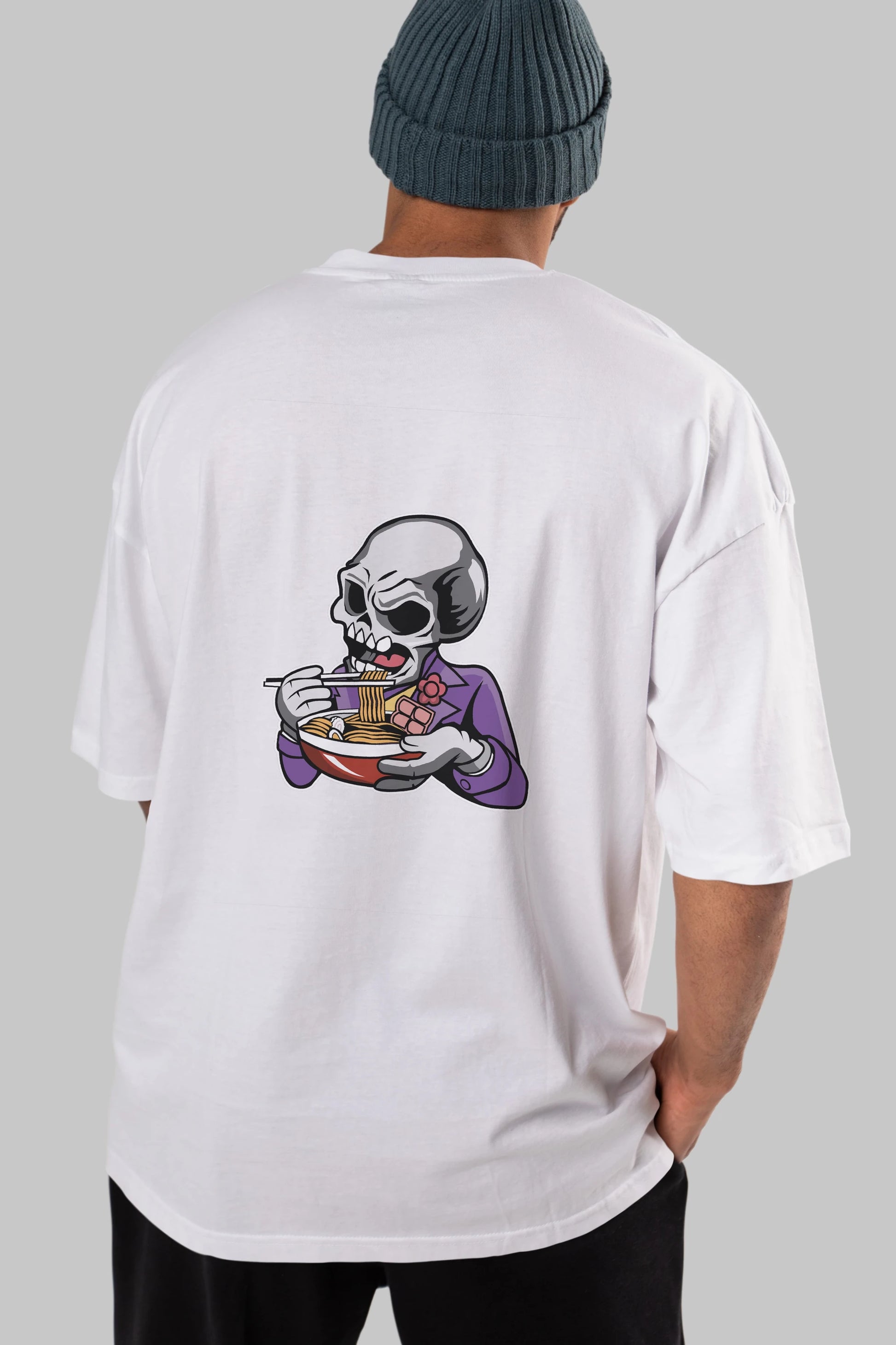 Skull Ramen Arka Baskılı Oversize t-shirt Erkek Kadın Unisex %100 Pamuk tişort
