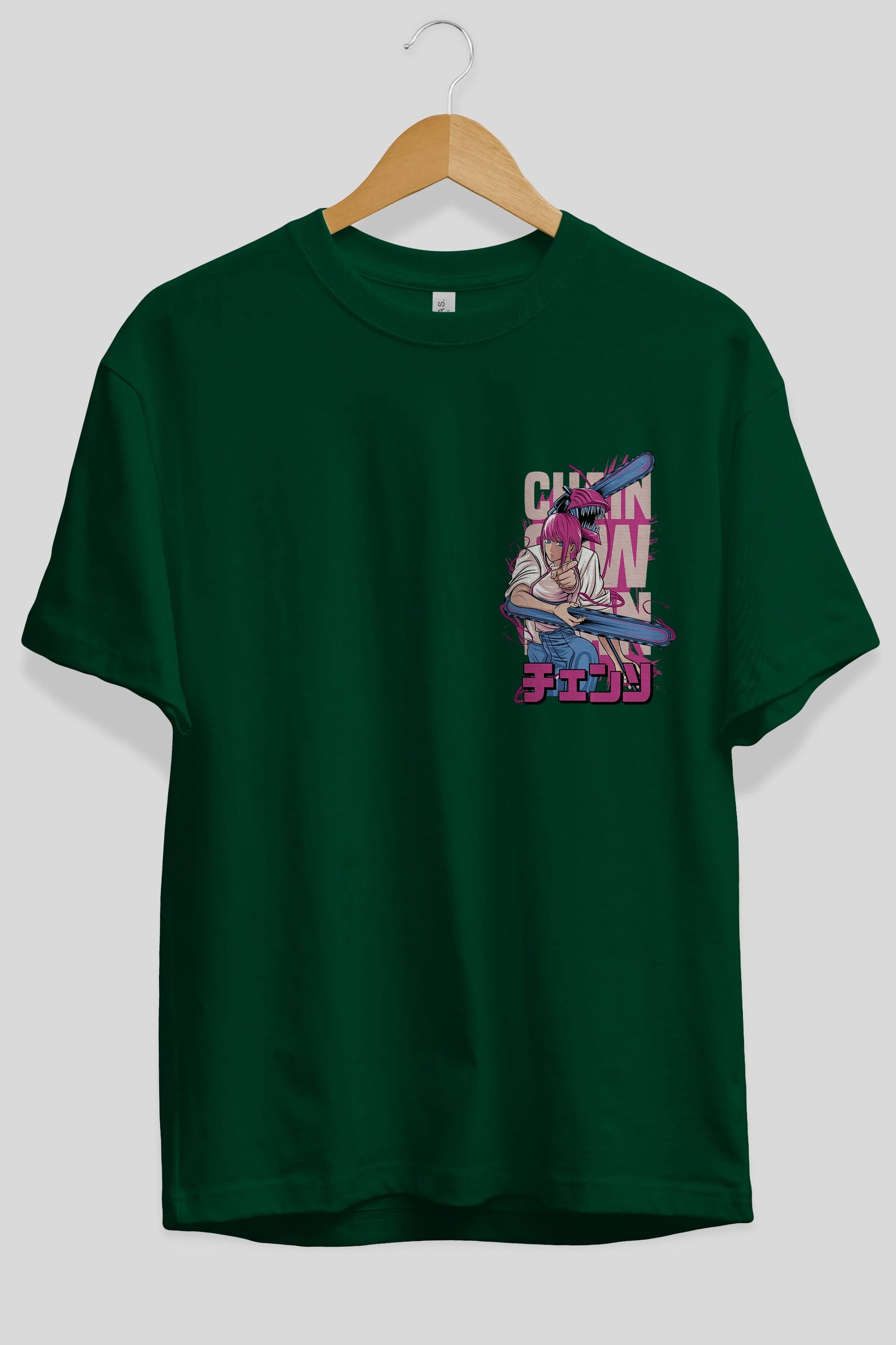 DENJI and MAKIMA Ön Sol Baskılı Oversize t-shirt Erkek Kadın Unisex %100 Pamuk Bisiklet Yaka tişort