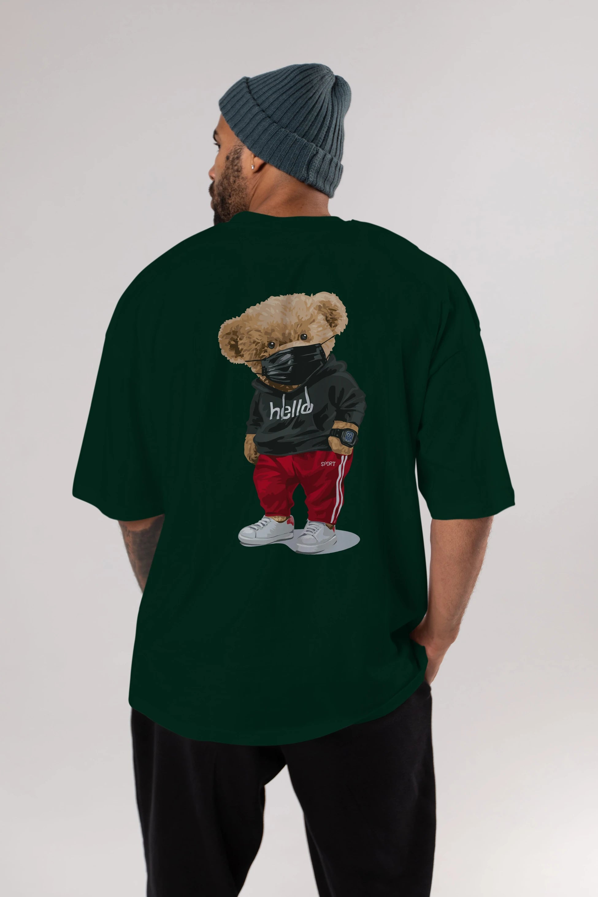 Teddy Bear Hello Sport Arka Baskılı Oversize t-shirt Erkek Kadın Unisex %100 Pamuk