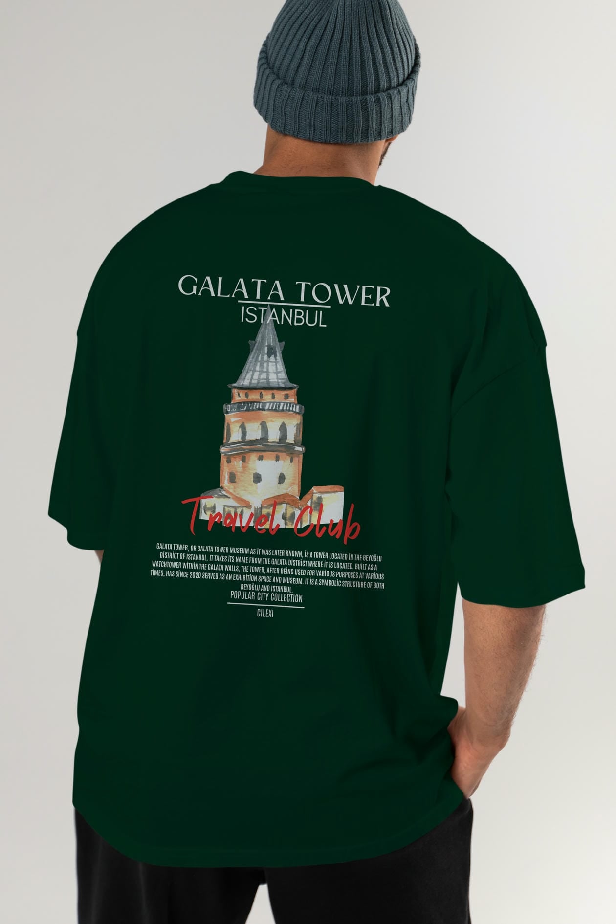 Galata Tower İstanbul Arka Baskılı Oversize t-shirt Erkek Kadın Pamuk Bisiklet Yaka tişort