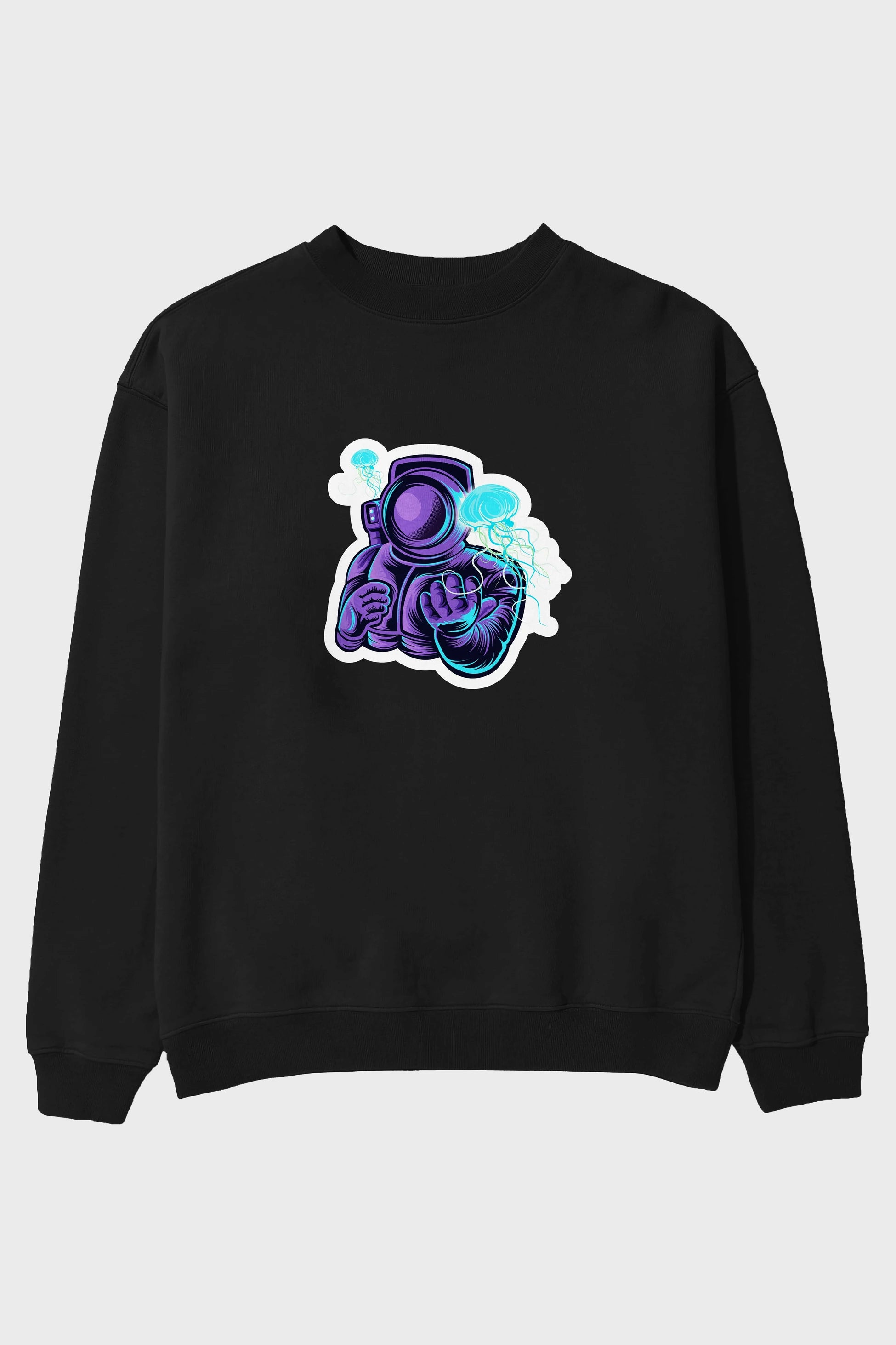 Astronaut and Jellyfish Sticker Ön Baskılı Oversize Sweatshirt Erkek Kadın Unisex