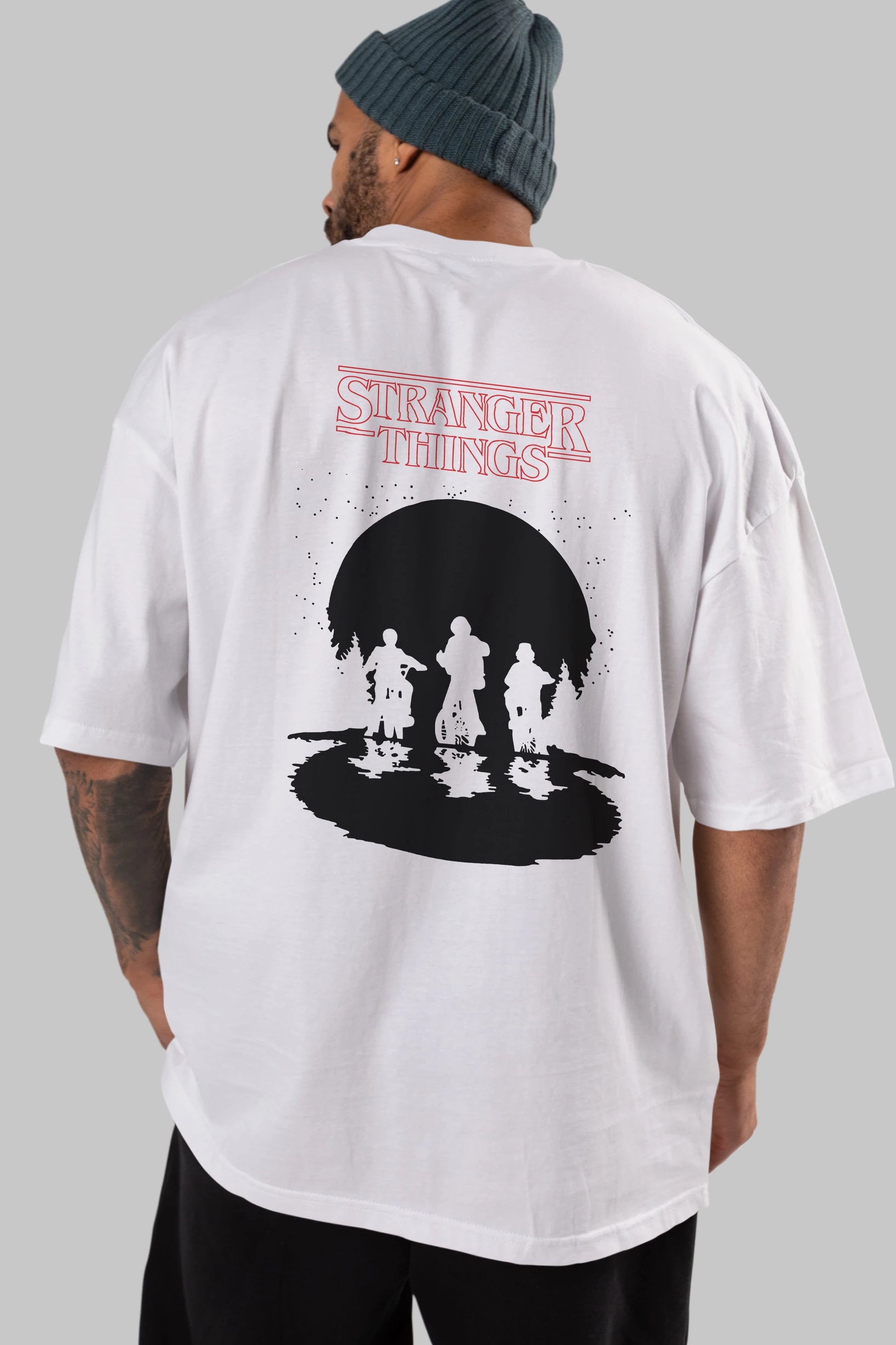 Stranger Things Arka Baskılı Oversize t-shirt Erkek Kadın Unisex %100 Pamuk Bisiklet Yaka tişort