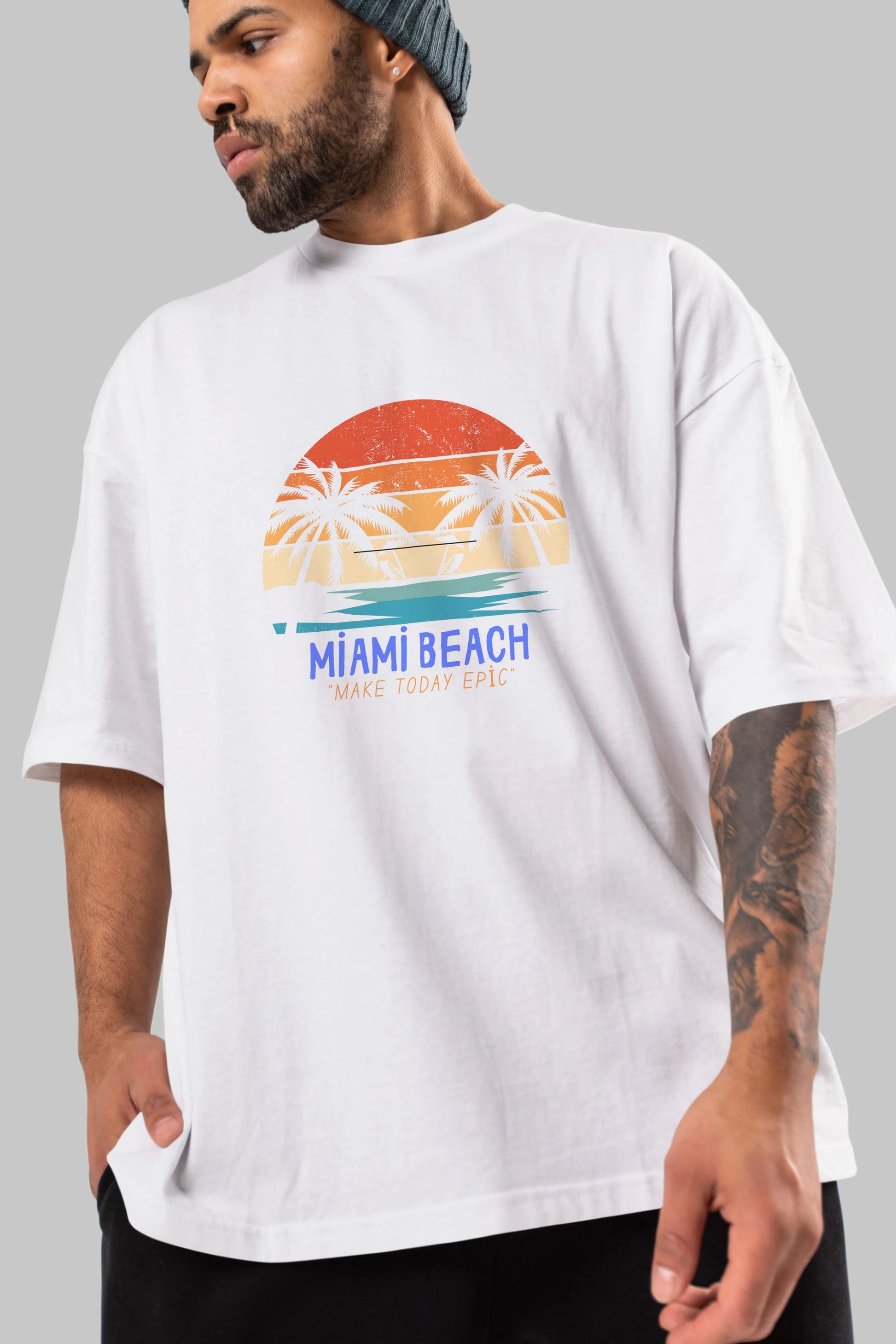 Miami Beach Yazılı Ön Baskılı Oversize t-shirt Erkek Kadın Unisex