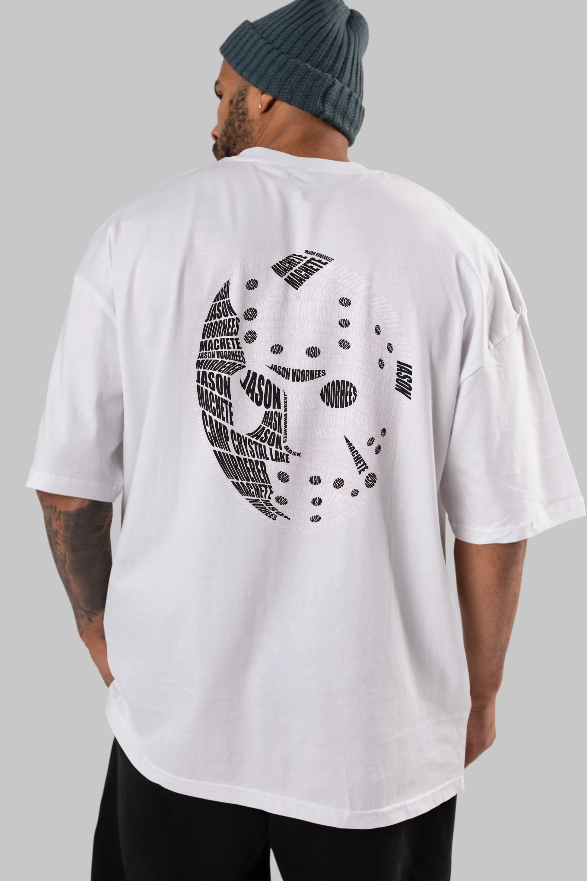 Jason Voorhees Calligram Arka Baskılı Oversize t-shirt %100 pamuk Erkek Kadın Unisex