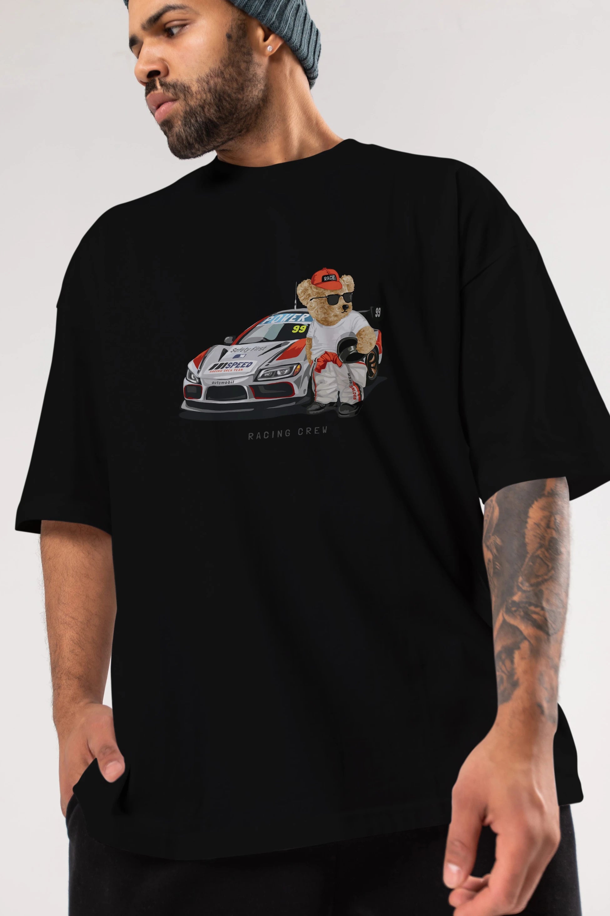 Teddy Bear Racing Crew Ön Baskılı Oversize t-shirt Erkek Kadın Unisex %100 Pamuk