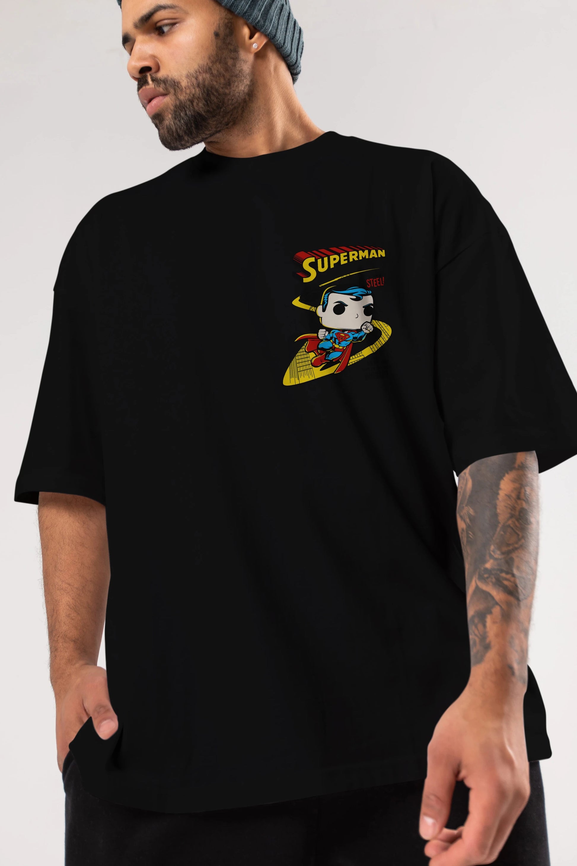 Superman (2) Ön Sol Baskılı Oversize t-shirt Erkek Kadın Unisex %100 Pamuk Bisiklet Yaka tişort