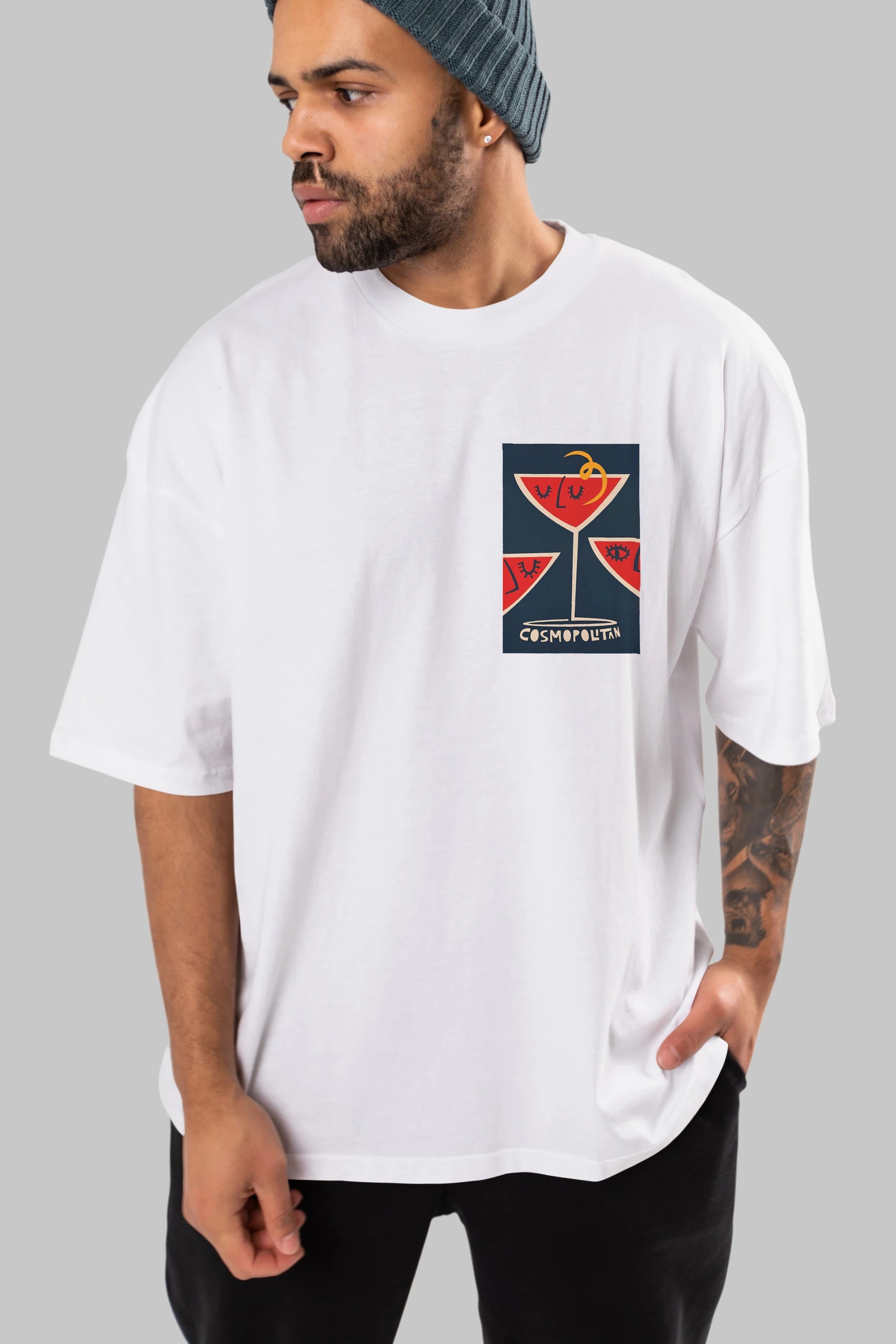 Cosmopolitan 4 Ön Sol Baskılı Oversize t-shirt Erkek Kadın Unisex %100 Pamuk Bisiklet Yaka tişort