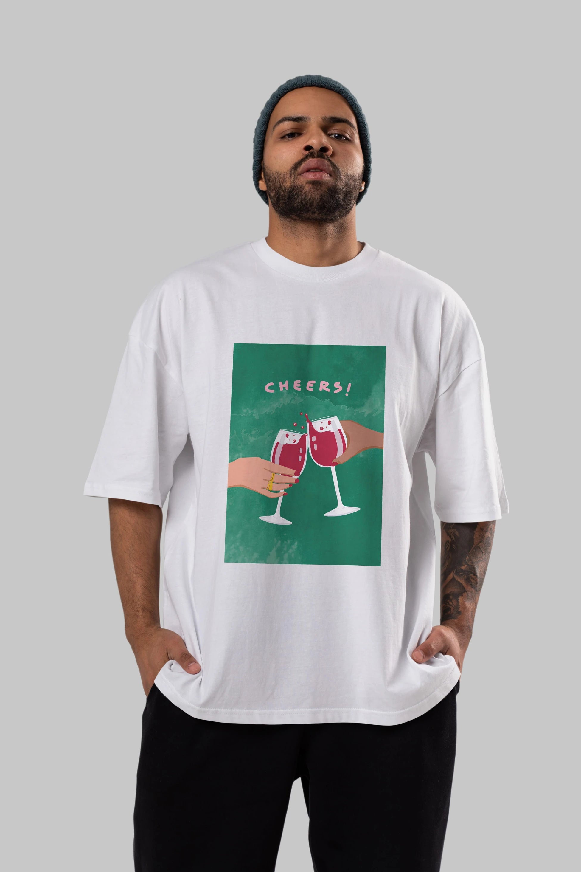 Cheers Ön Baskılı Oversize t-shirt Erkek Kadın Unisex %100 Pamuk Bisiklet Yaka tişort