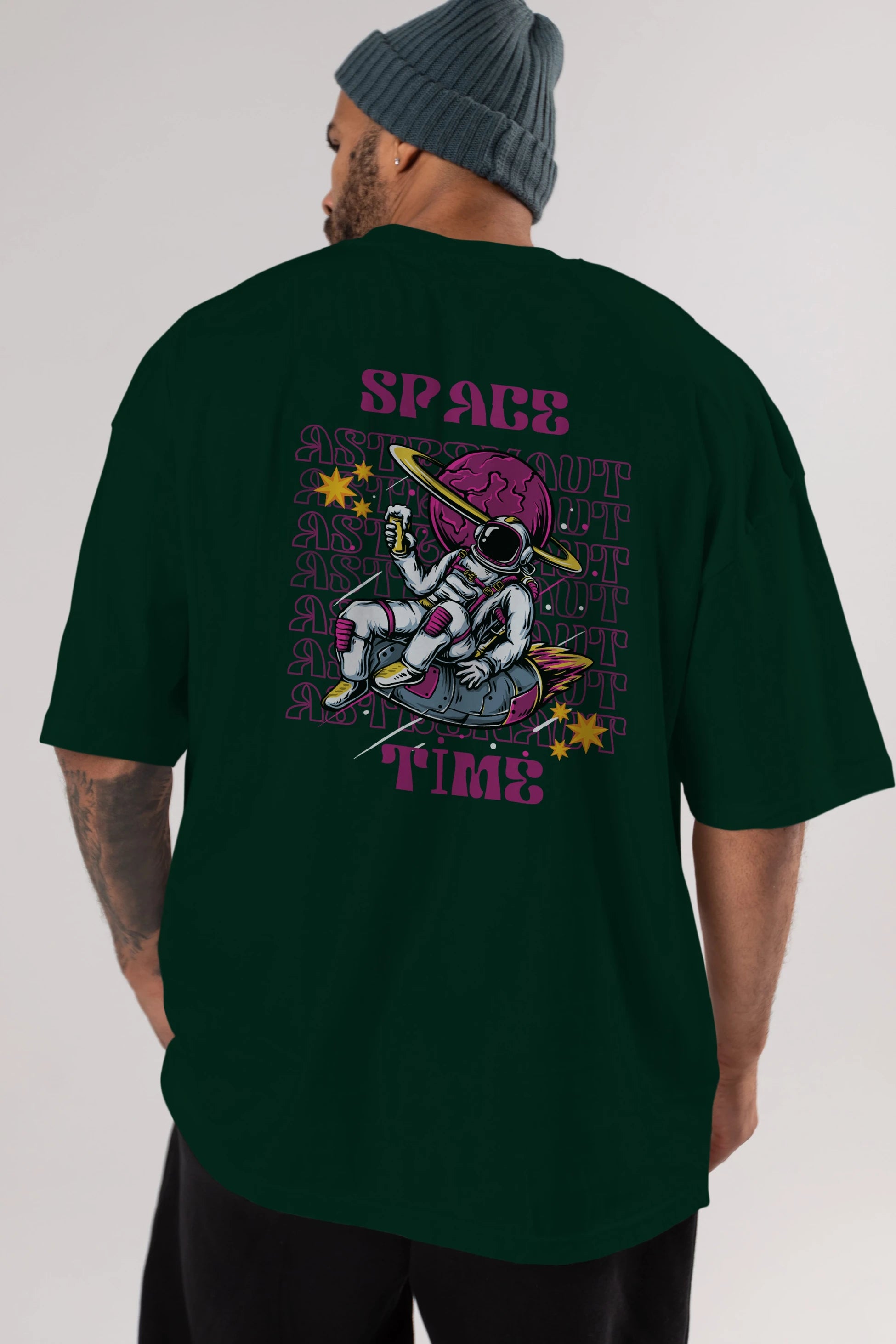 Space Time Astronaut Yazılı Arka Baskılı Oversize t-shirt Erkek Kadın Unisex