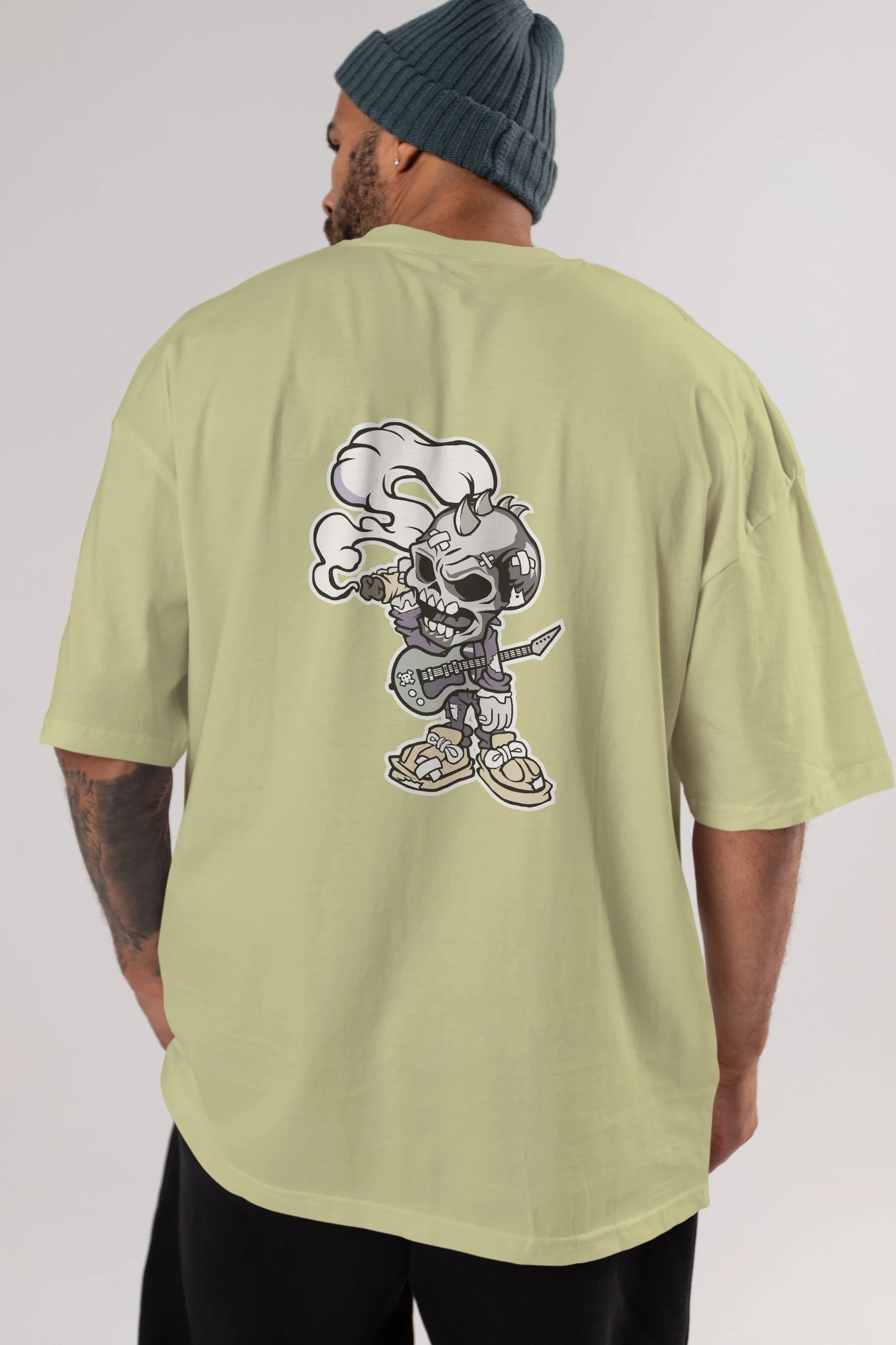 Skull Smoker Punk Rocker Arka Baskılı Oversize t-shirt Erkek Kadın Unisex %100 Pamuk tişort