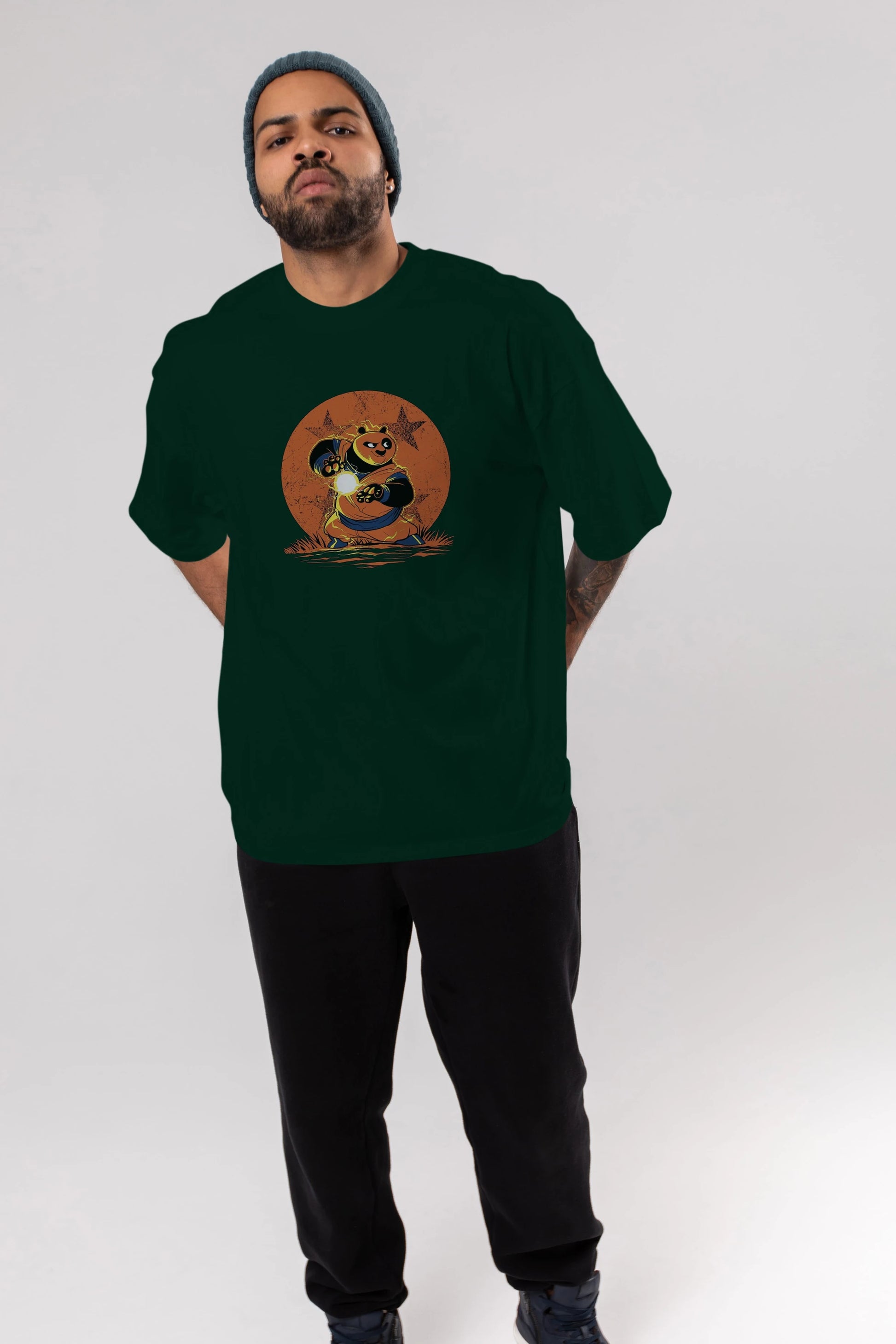 Kung Fu Panda Ön Baskılı Oversize t-shirt Erkek Kadın Unisex %100 Pamuk Bisiklet Yaka tişort