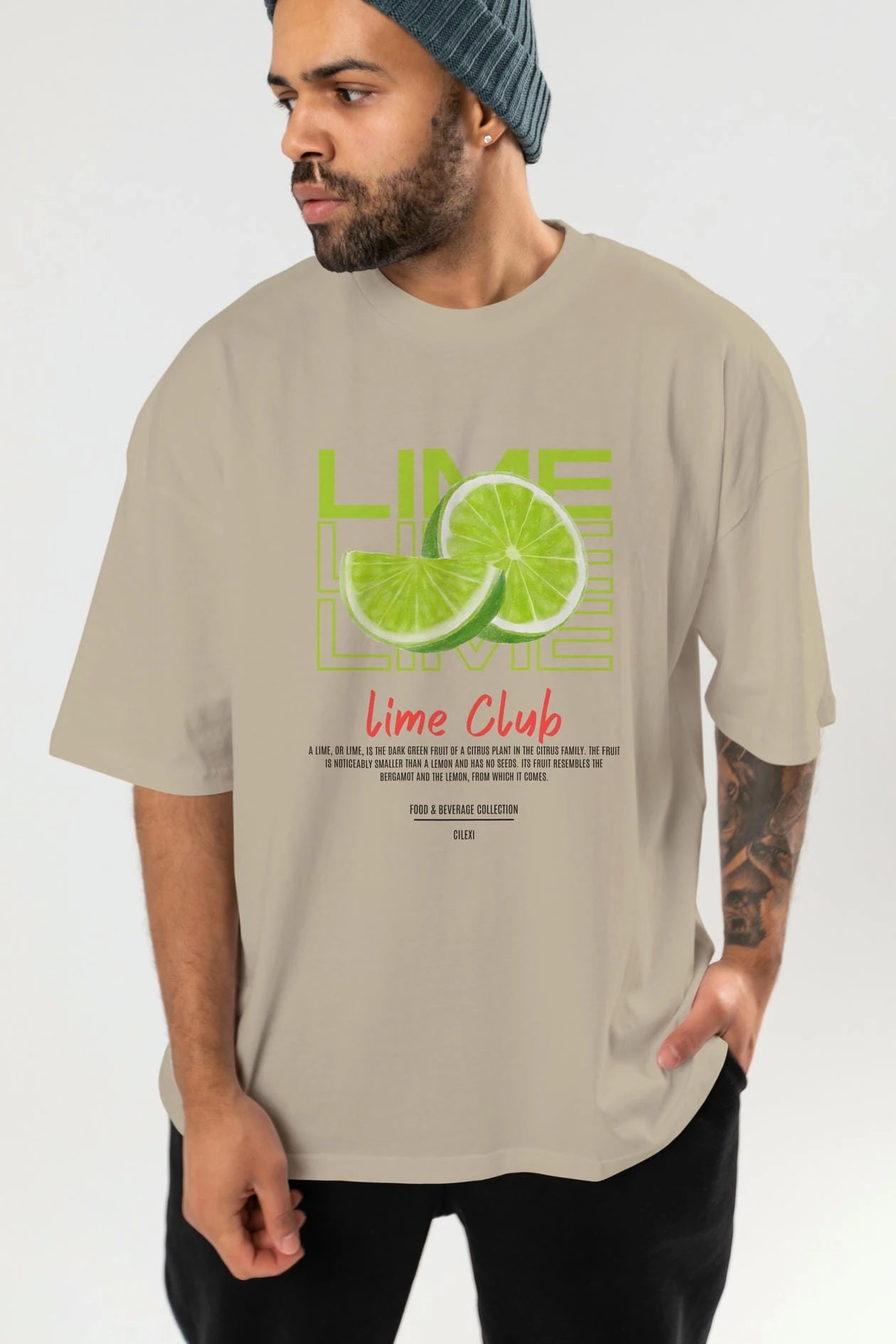 Lime Kokteyl Serisi ön Baskılı Oversize t-shirt Erkek Kadın %100 Pamuk Bisiklet Yaka tişort