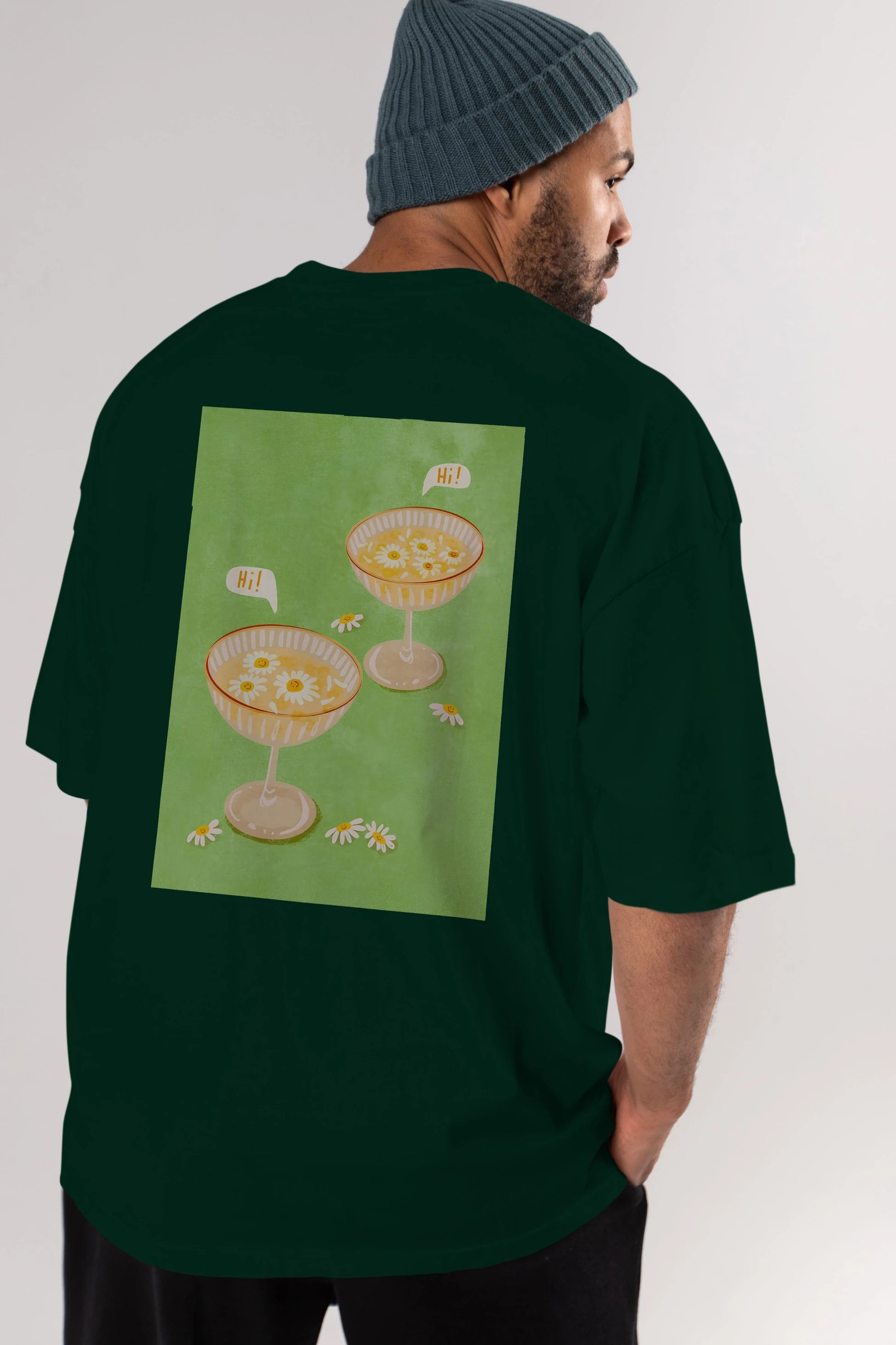 Hi Cheers Arka Baskılı Oversize t-shirt Erkek Kadın Unisex %100 Pamuk Bisiklet Yaka tişort